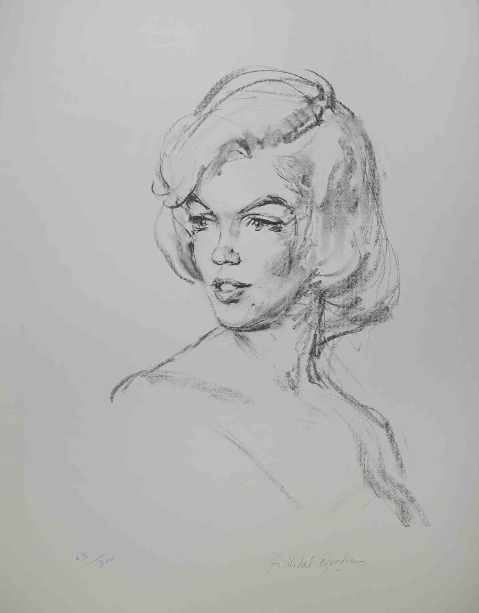 Just  Marilyn  is a black and white lithograph realized by Alejo Vidal-Quadras in the 20th century.

Hand-signed by the artist in pencil on the lower right. Numbered in pencil on the lower left.

Edition of 63/300.

Good condition. 

Very beautiful