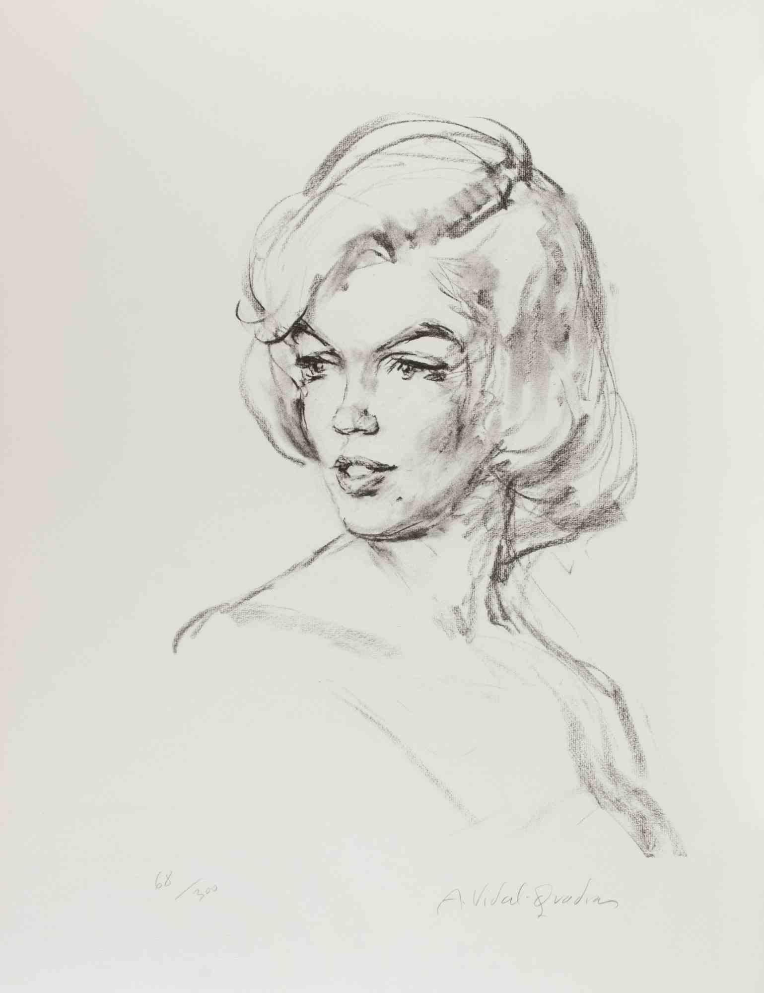 Just Marilyn est une lithographie en noir et blanc réalisée par Alejo Vidal-Quadras au 20e siècle.

Signé à la main par l'artiste au crayon en bas à droite. Numéroté au crayon en bas à gauche.

Edition de 300 exemplaires.

Bon état. 

Très beau