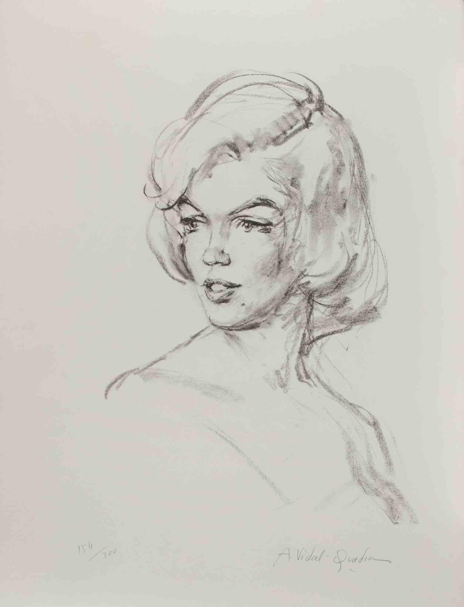 Just  Marilyn  is a black and white lithograph realized by Alejo Vidal-Quadras in the 20th century.

Hand-signed by the artist in pencil on the lower right. Numbered in pencil on the lower left.

Edition of 40/300.

Good condition. 

Very beautiful