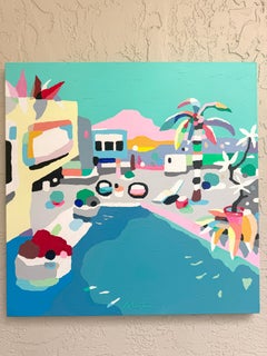 Alejos Lorenzo, "Giorni in piscina", 39x39 Pittura acrilica su tela di un resort vibrante