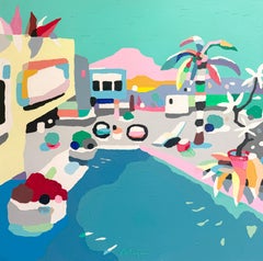 Alejos Lorenzo, "Pool Days", 39x39 Vibrant Resort Acrylic Painting on Canvas