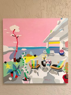 Alejos Lorenzo "Portico con vista" 39x39 Pittura acrilica su tela di un resort vibrante