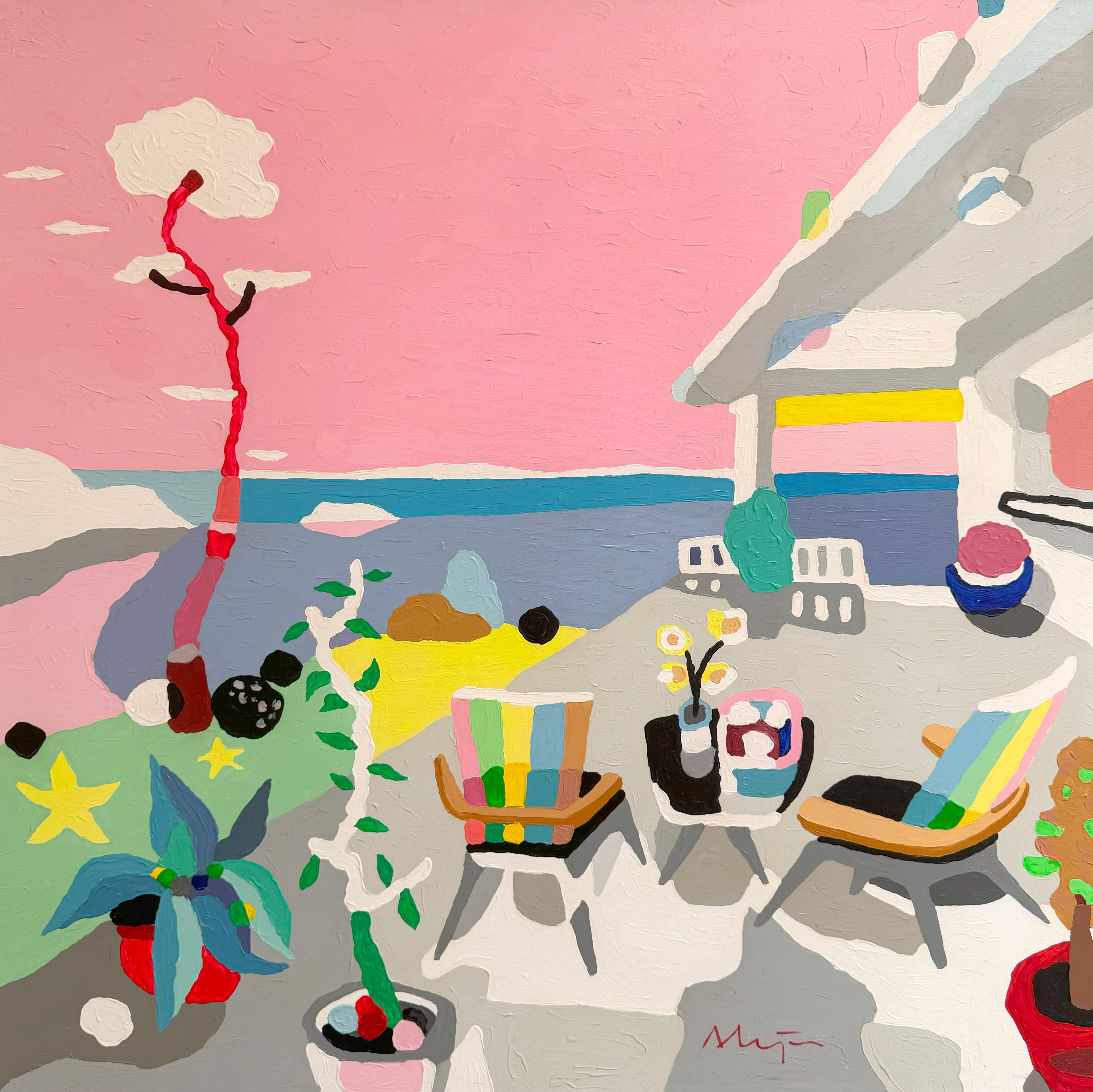 Il quadro "Portico con vista" è un dipinto acrilico su tela 39x39 dell'artista Alejos Lorenzo. Accomodati nel portico di questa luminosa villa. Circondato da piante colorate in vaso e sedie vivaci. Il mare blu intenso scorre fino alla linea