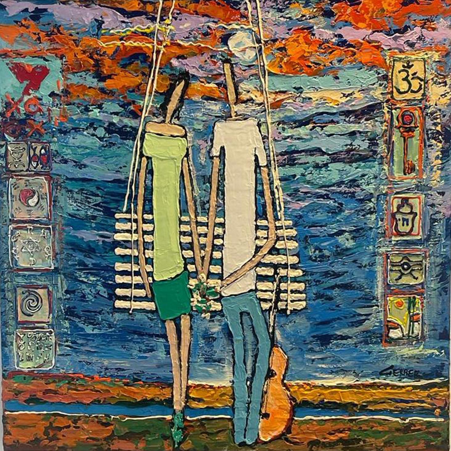 Alek Gerber, Couple on a swing, acrylic on canvas, thick layers of paint, figurative work,Tenderness,  Israeli artist, Israeli art, bright colors