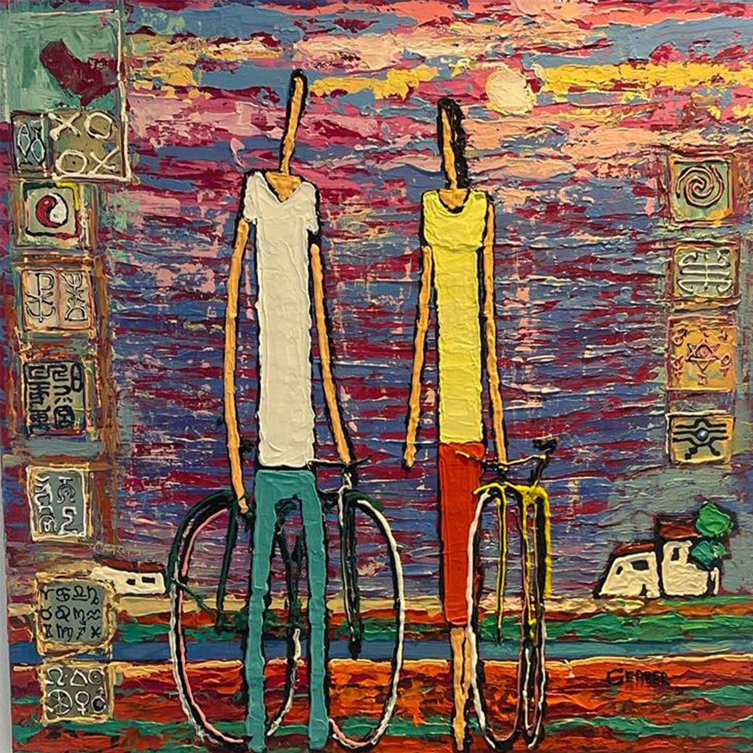 Alek Gerber, Couple with a bicycle and a house, tenderness, Acrylic on canvas
