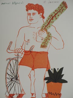 Ciclista con sciarpa verde - Stampa offset - Firma stampata, 2004