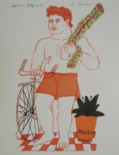 Ciclista con sciarpa verde - Stampa offset - Firma stampata, 2004