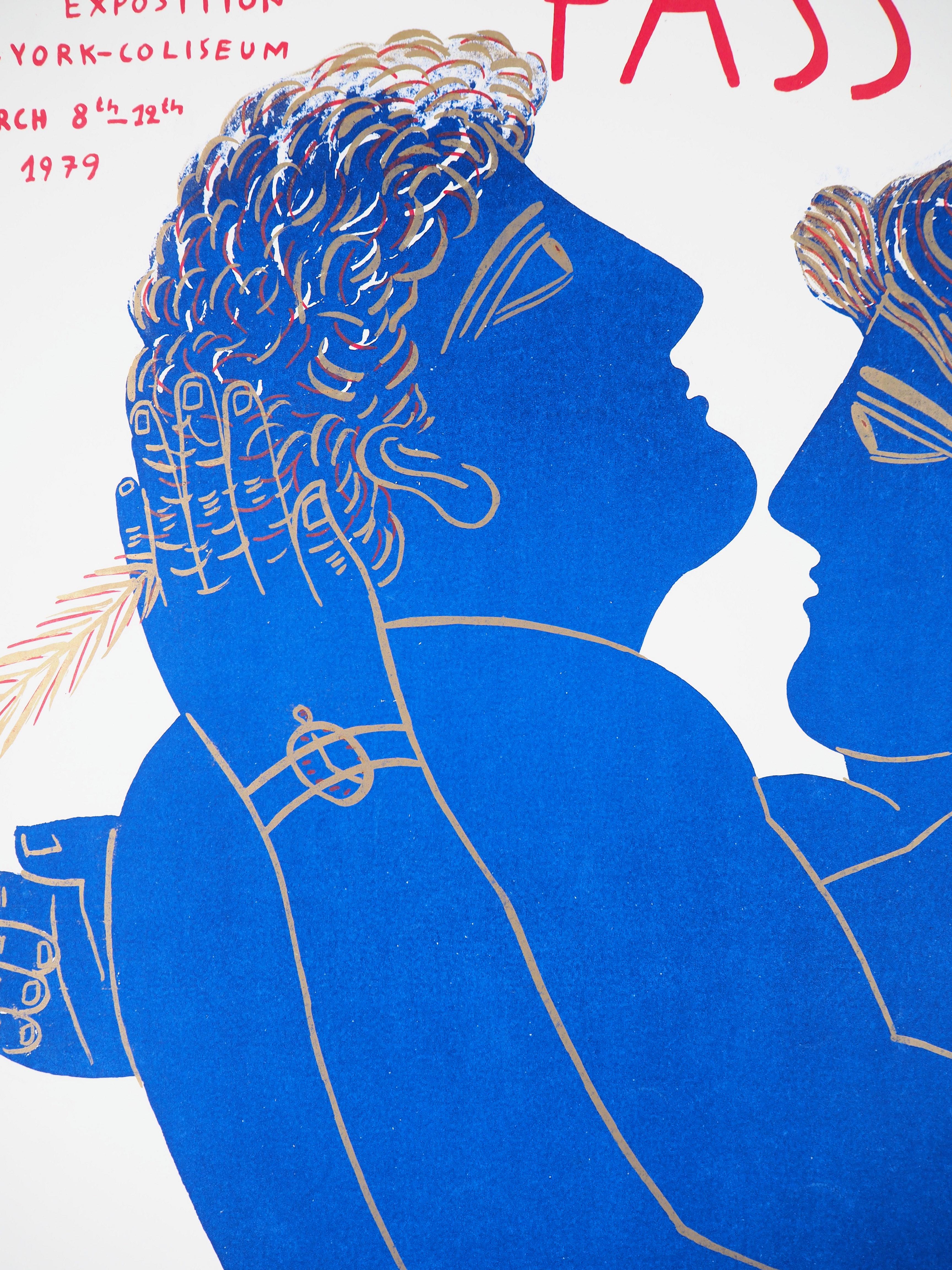 Greece : Hugging Couple (New York Coliseum) - Original lithograph, 1979 - Print by Alekos Fassianos
