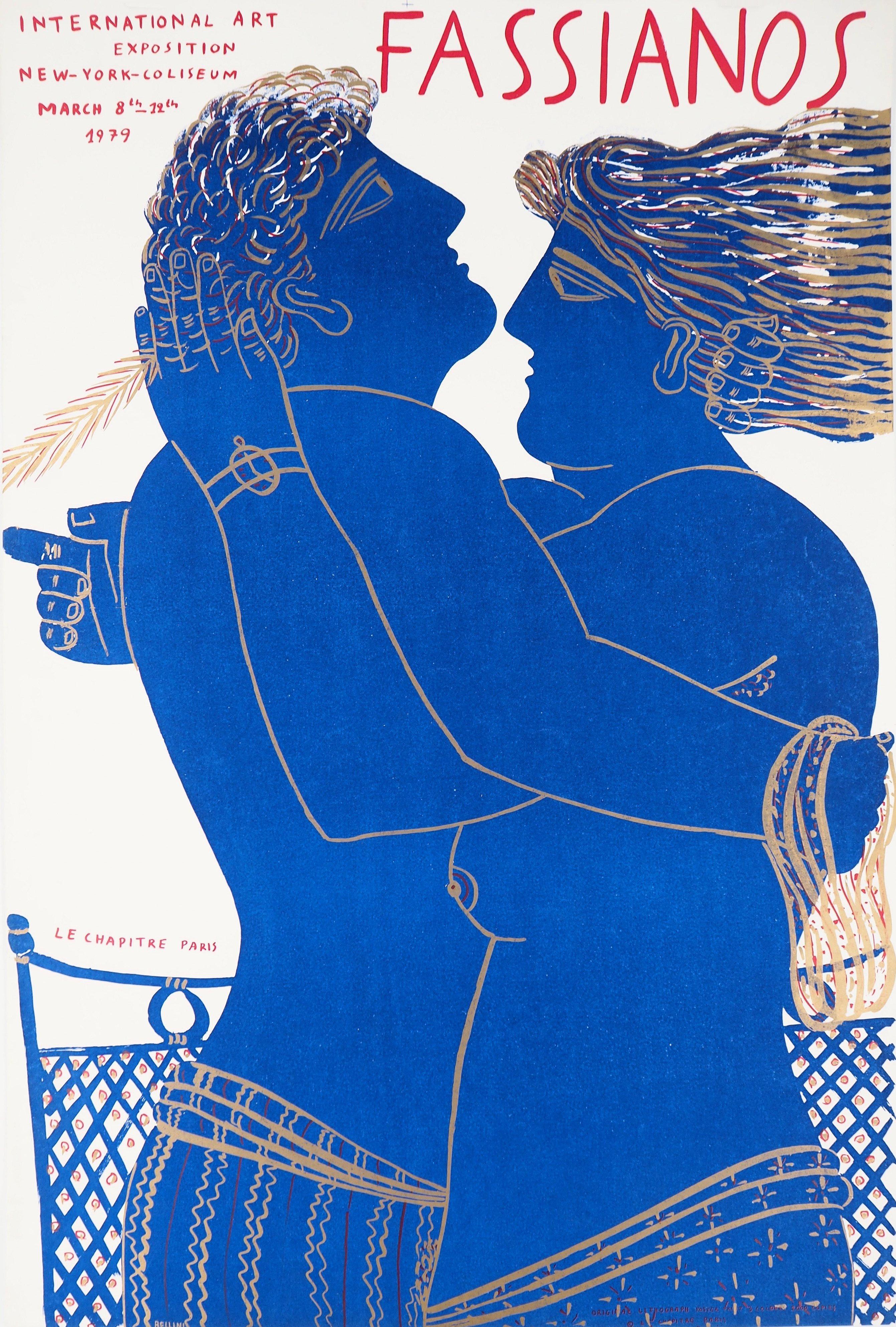 Alekos Fassianos Figurative Print - Greece : Hugging Couple (New York Coliseum) - Original lithograph, 1979