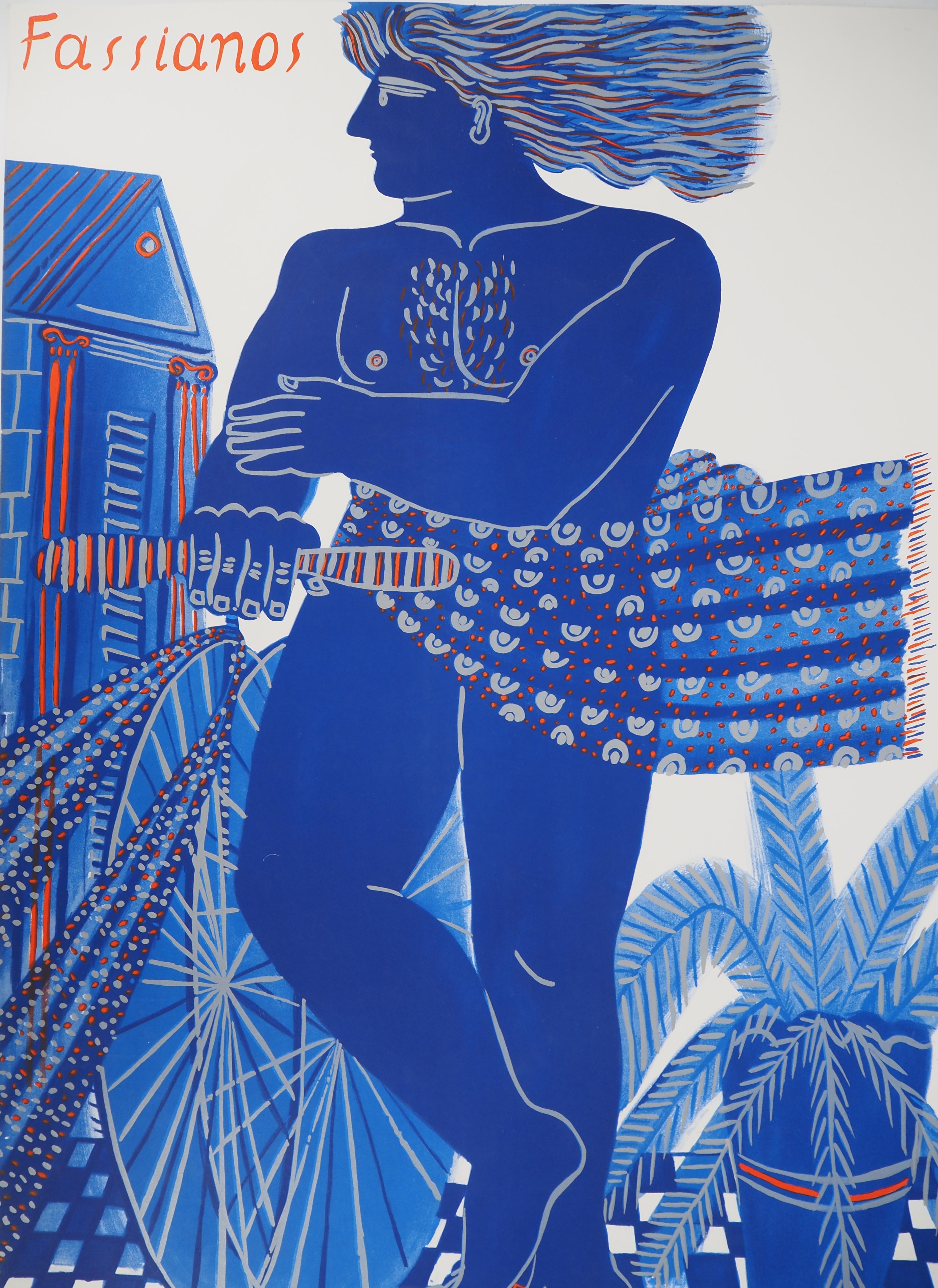 Grecia : Hombre con bicicleta - Litografía original, 1997 - Figurative Print Azul de Alekos Fassianos