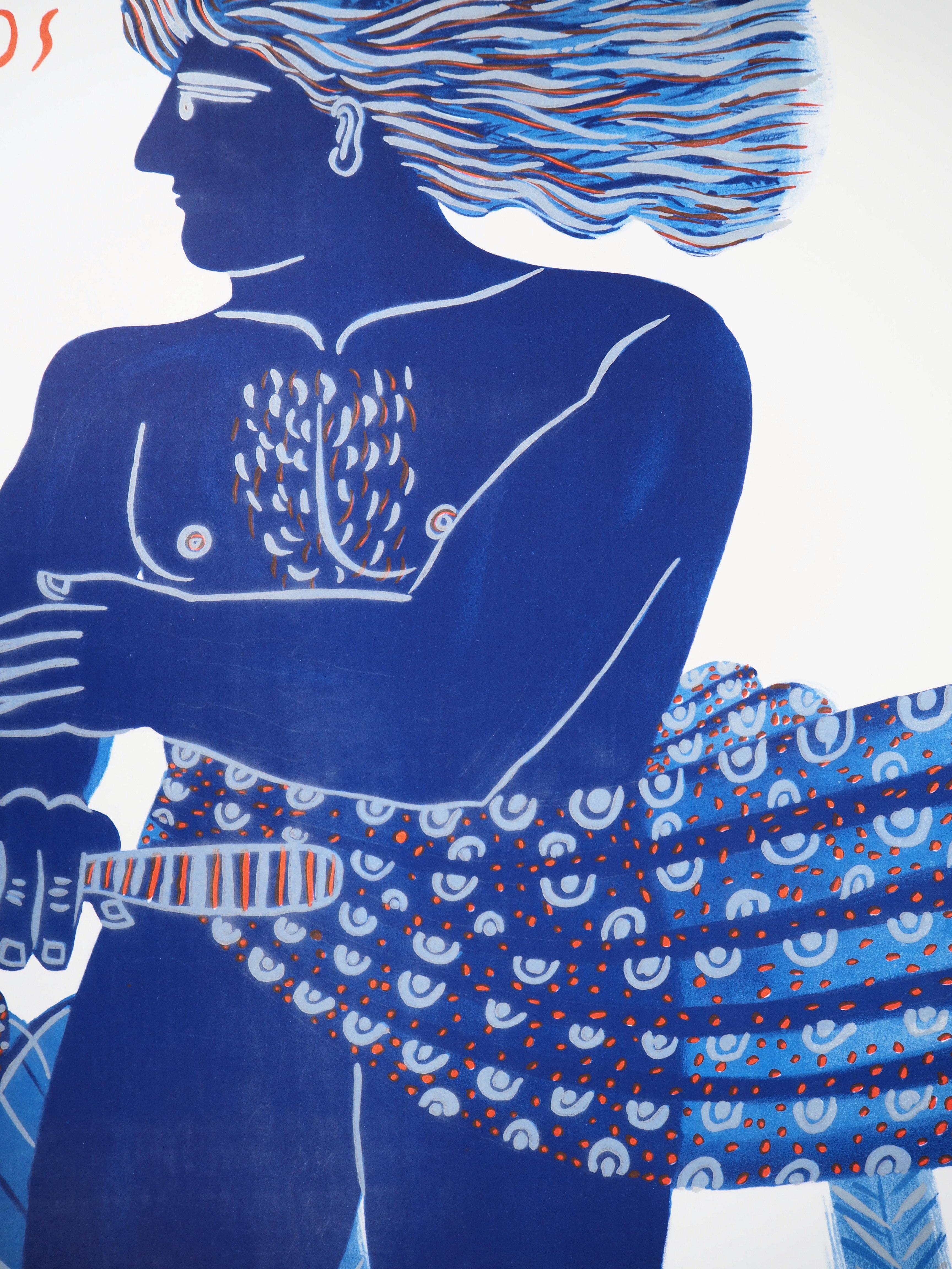Grèce : Homme avec une bicyclette - Lithographie originale:: 1997 - Bleu Figurative Print par Alekos Fassianos