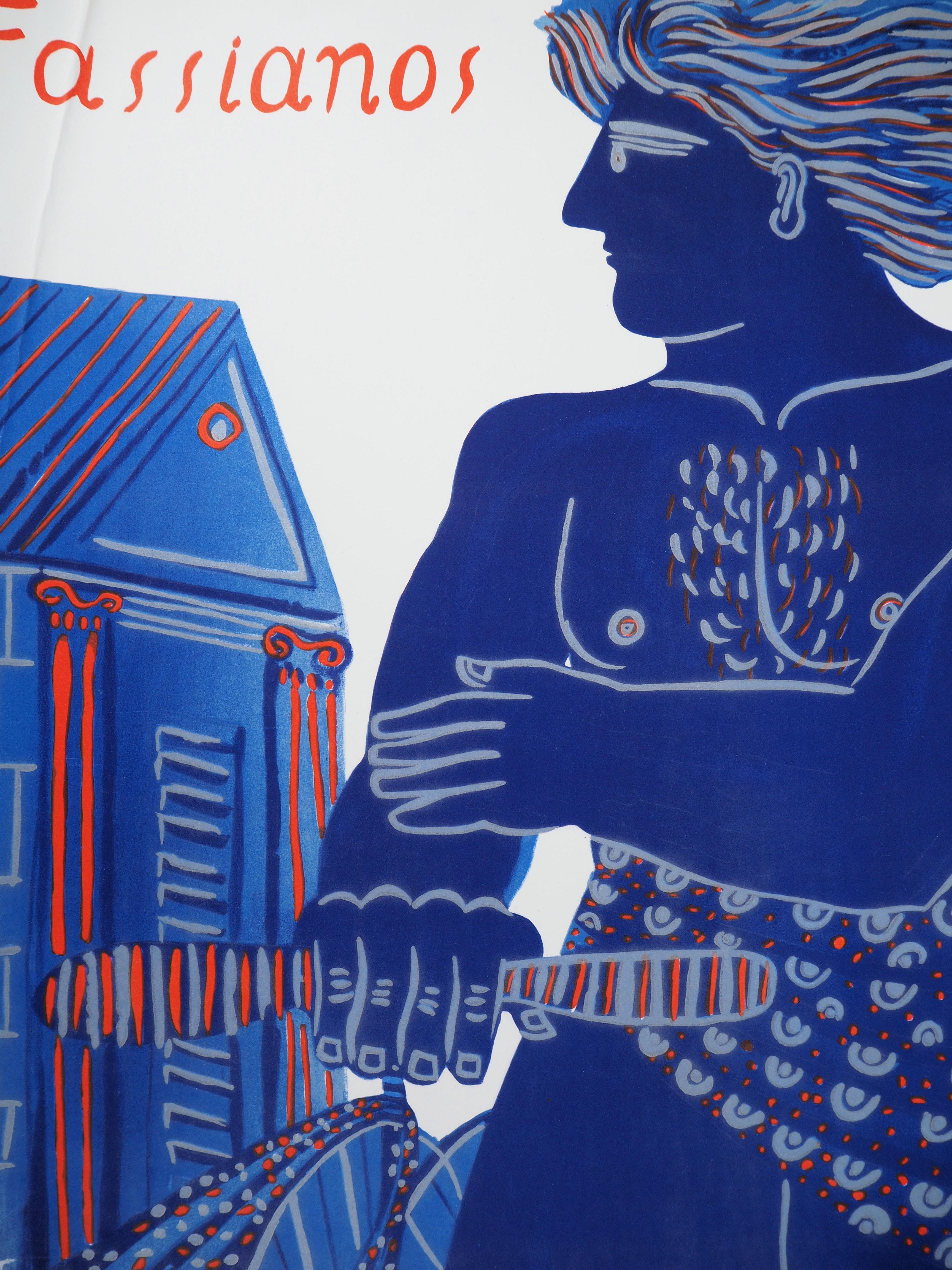 Alekos FASSIANOS 
Grèce : homme avec une bicyclette 

Lithographie d'origine 
Signature imprimée dans l'assiette 
Sur papier lourd 92 x 58 cm (c. (37 x 23 pouces) 
Imprimée à l'Atelier Bellini : lithographie en trois couleurs:: dont une à l'encre