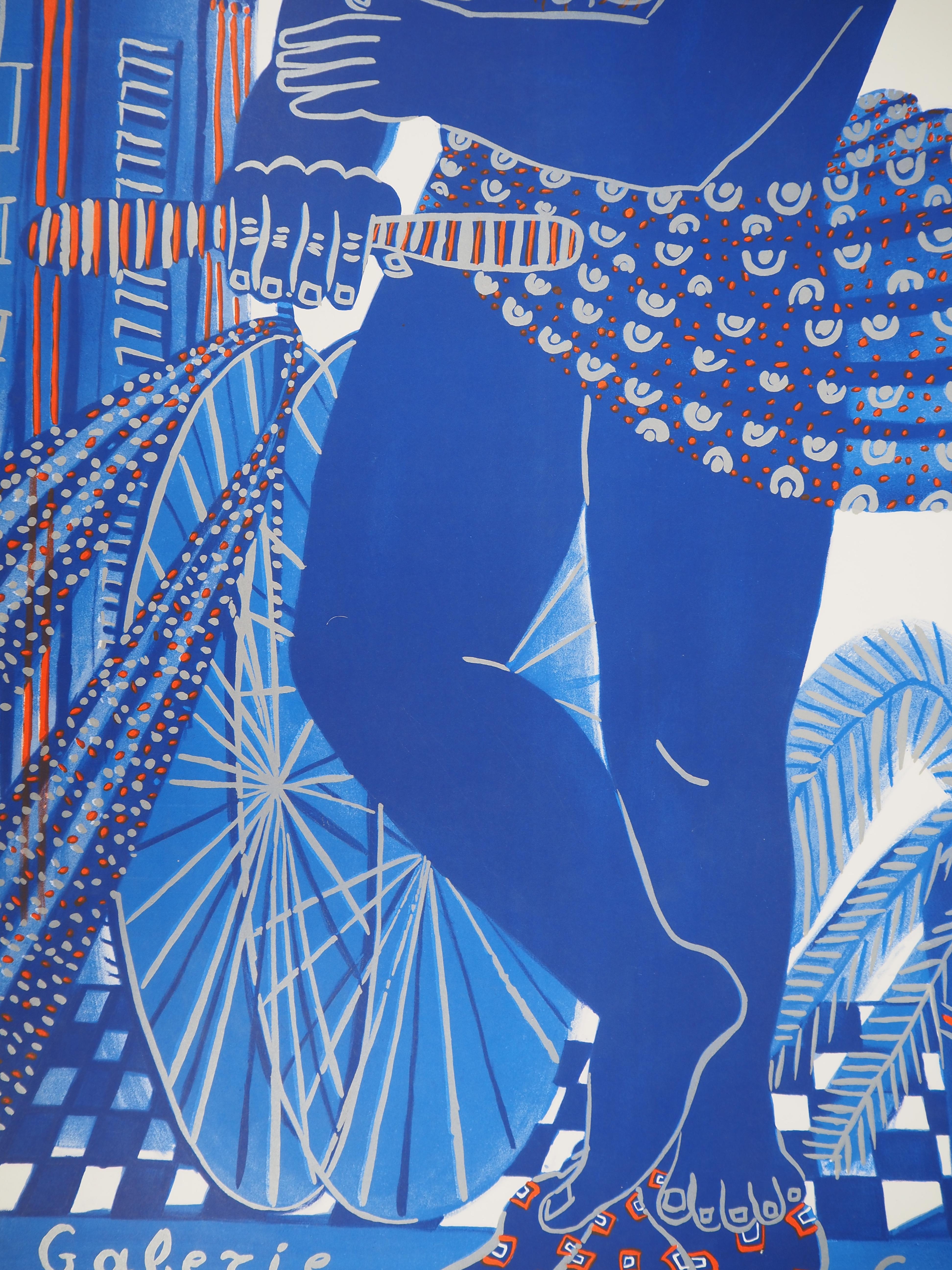 Greece : Man with Bicycle - Original lithograph, 1997 - Blue Figurative Print by Alekos Fassianos