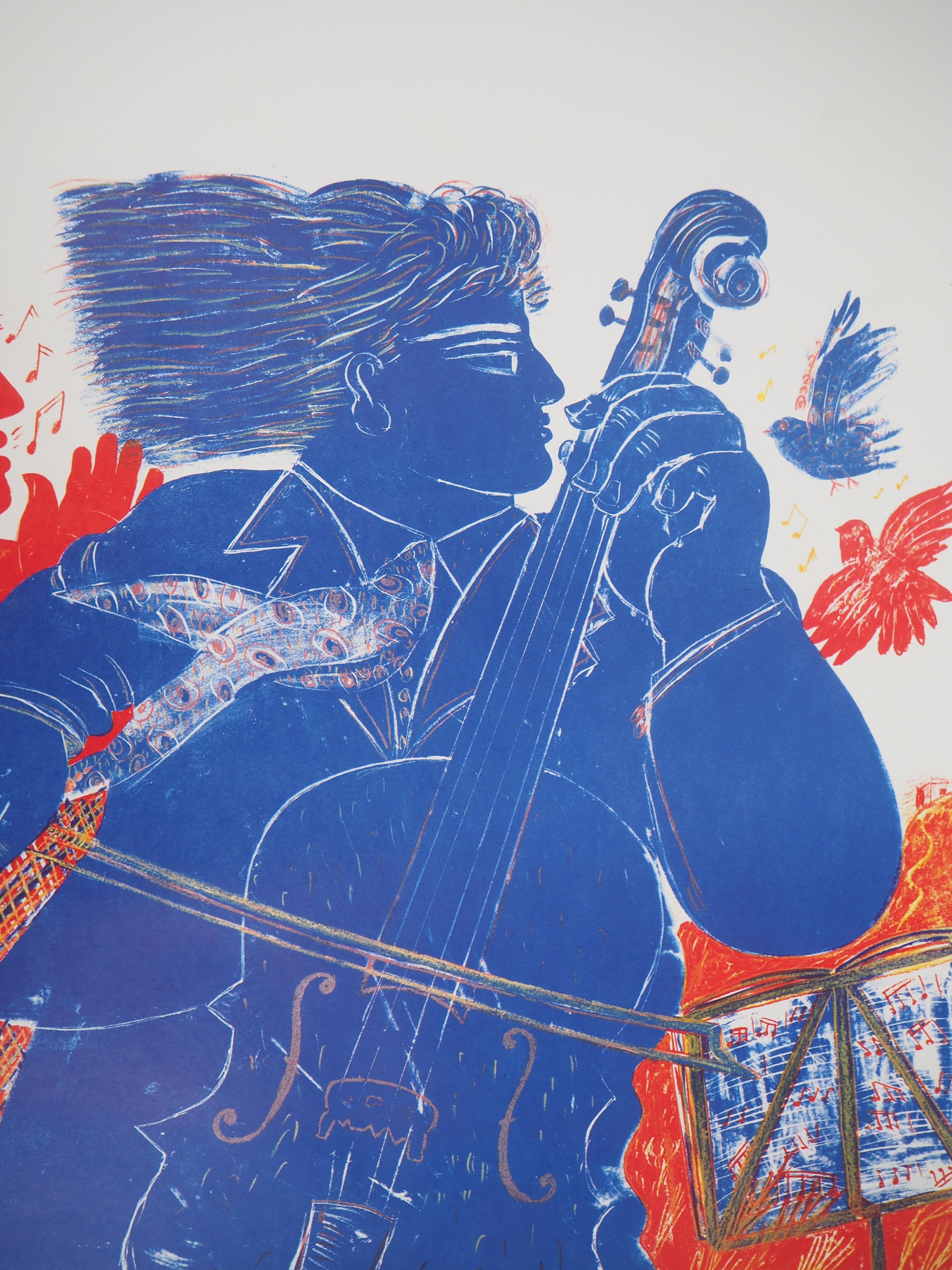 Grecia : Musica, Uomo con Cello, Cantante e Uccelli - Litografia originale - Print di Alekos Fassianos