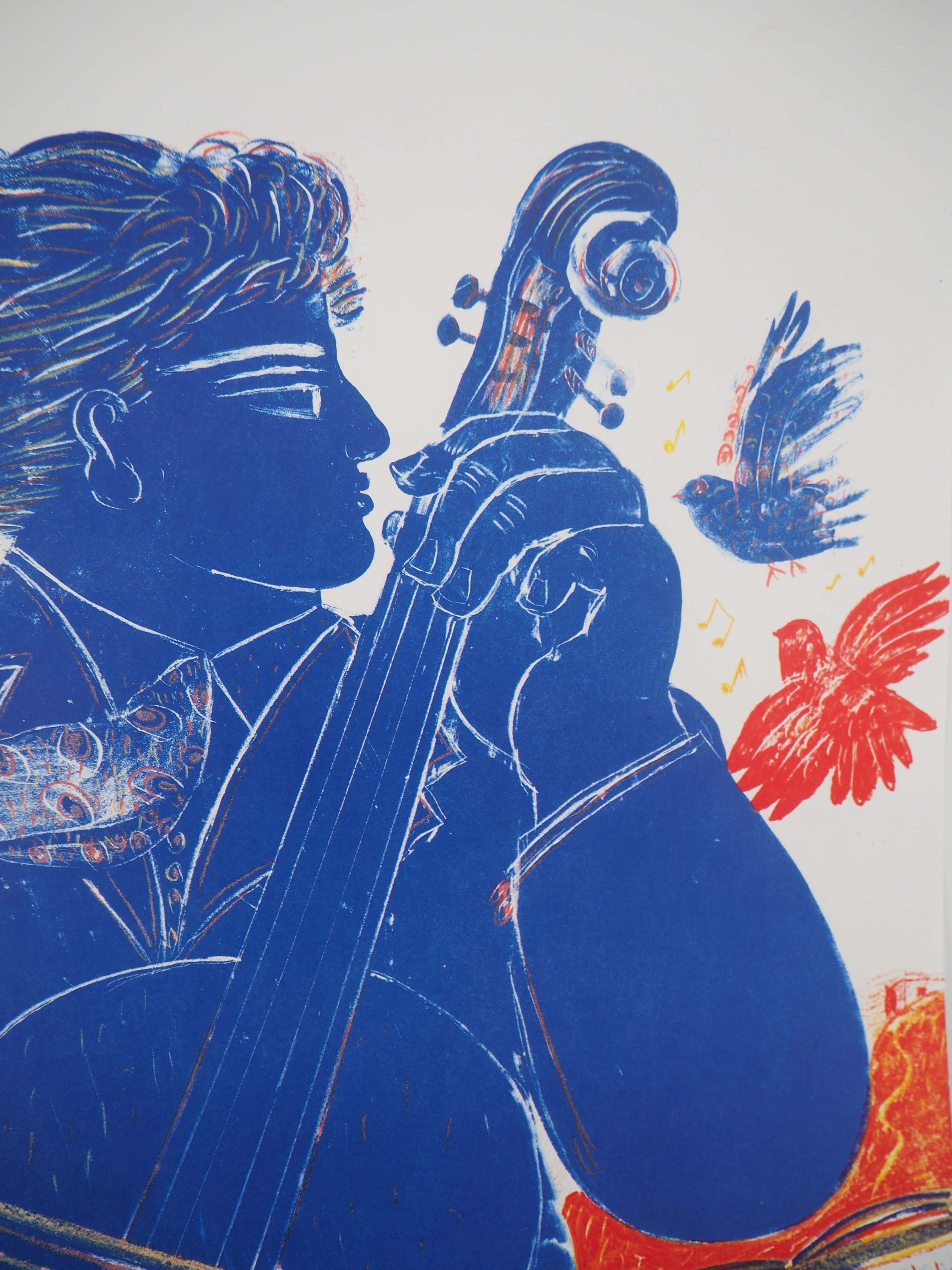Alekos Fassianos
Grecia : Musica, uomo con Cello, cantante e uccelli 

Litografia originale
Senza segno
Su carta pesante 65 x 49  cm (circa 26 x 20 pollici)
Stampato in Atelier A Cassé : litografia in quadricromia 
Per la mostra Fassianos presso la