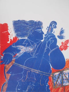 Greece : Music, Man with Cello, Singer and Birds - Original lithograph