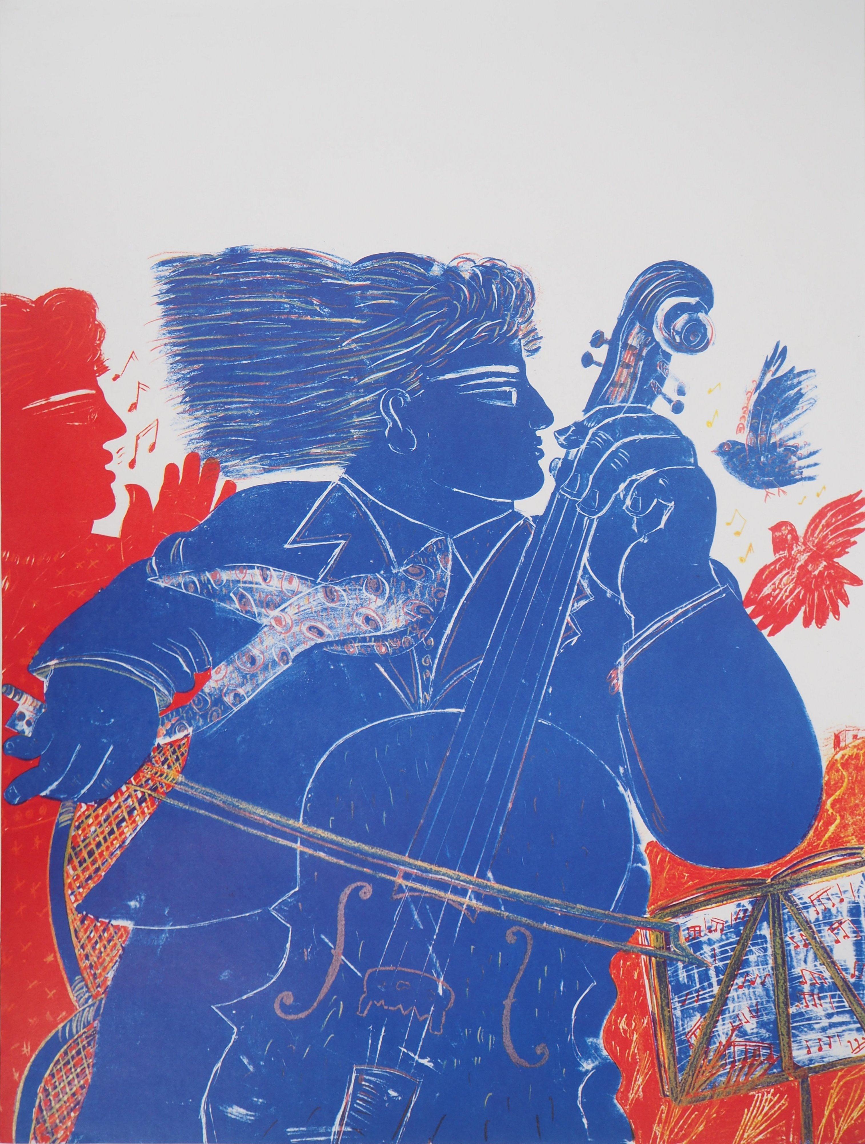 Figurative Print di Alekos Fassianos - Grecia : Musica, Uomo con Cello, Cantante e Uccelli - Litografia originale