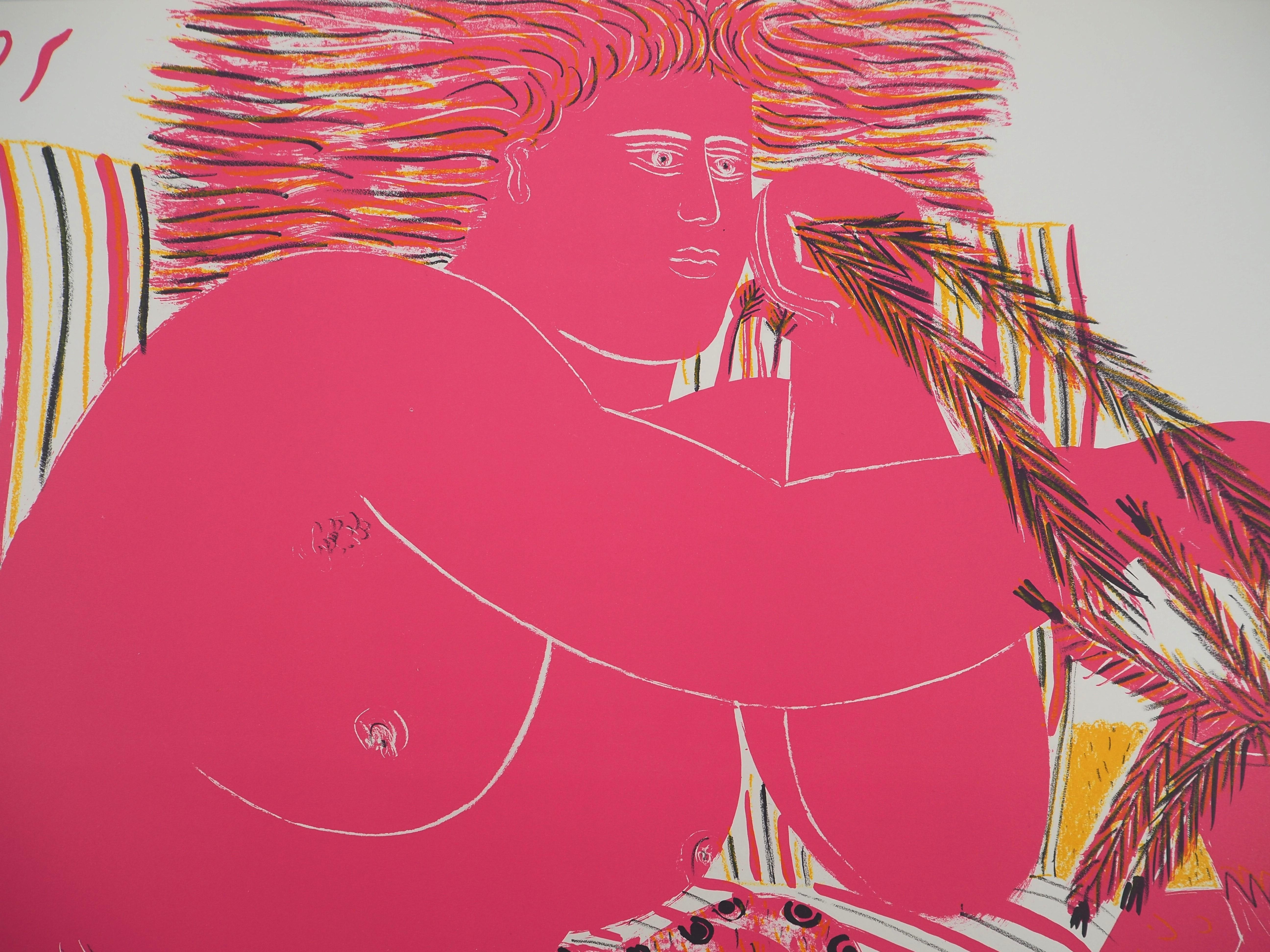 Grecia : Nudo rosa con spiga di grano - litografia originale, 1982 - Nude Print Rosa di Alekos Fassianos