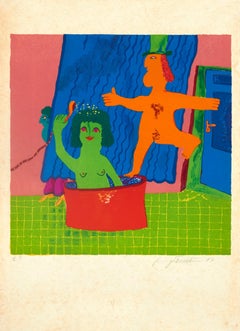 Green Woman, Orange Man in Tub by Alekos Fassianos, 1977