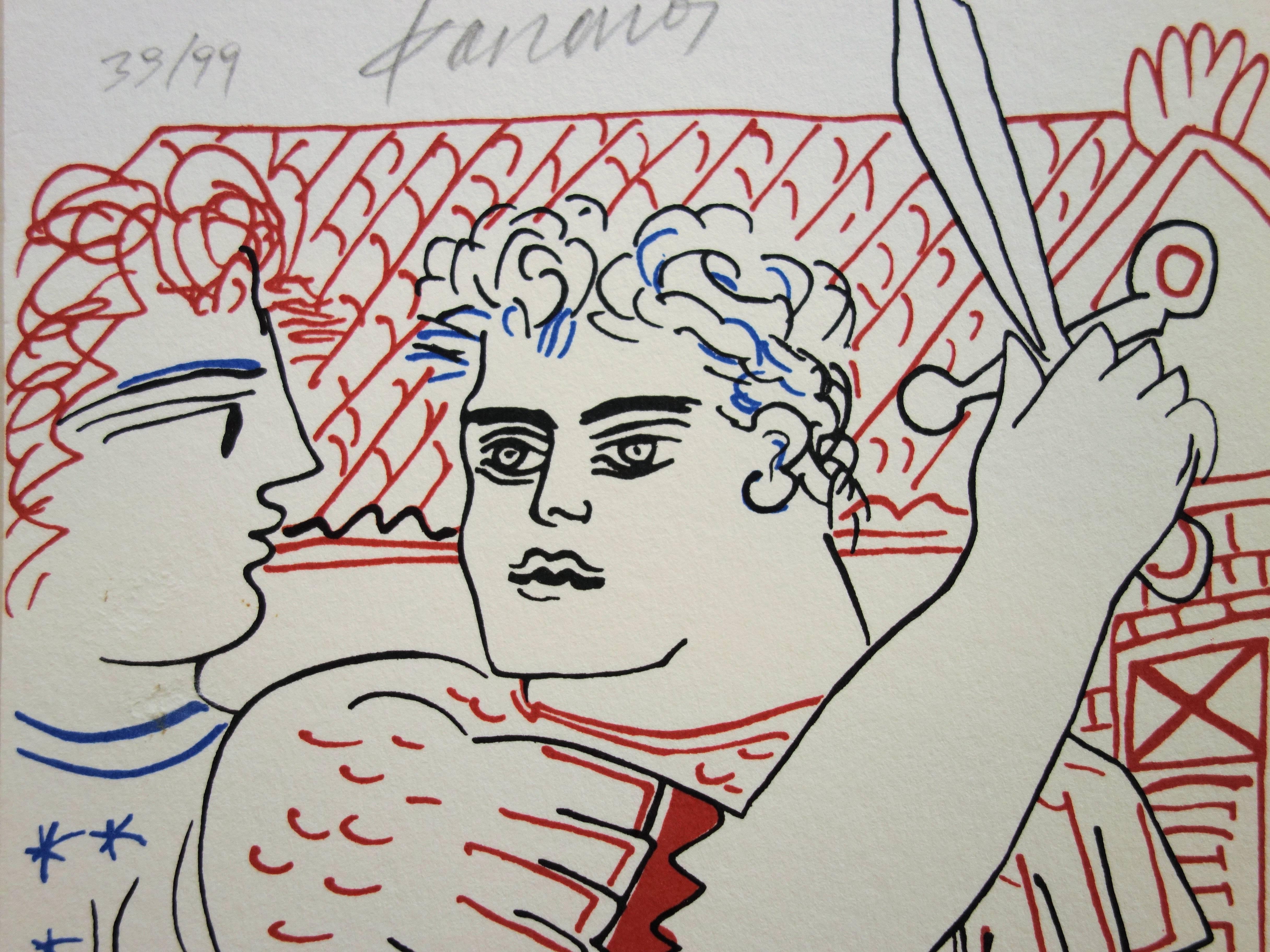 Mitología : Hércules - Litografía original firmada a mano /99ex - Figurative Print Gris de Alekos Fassianos