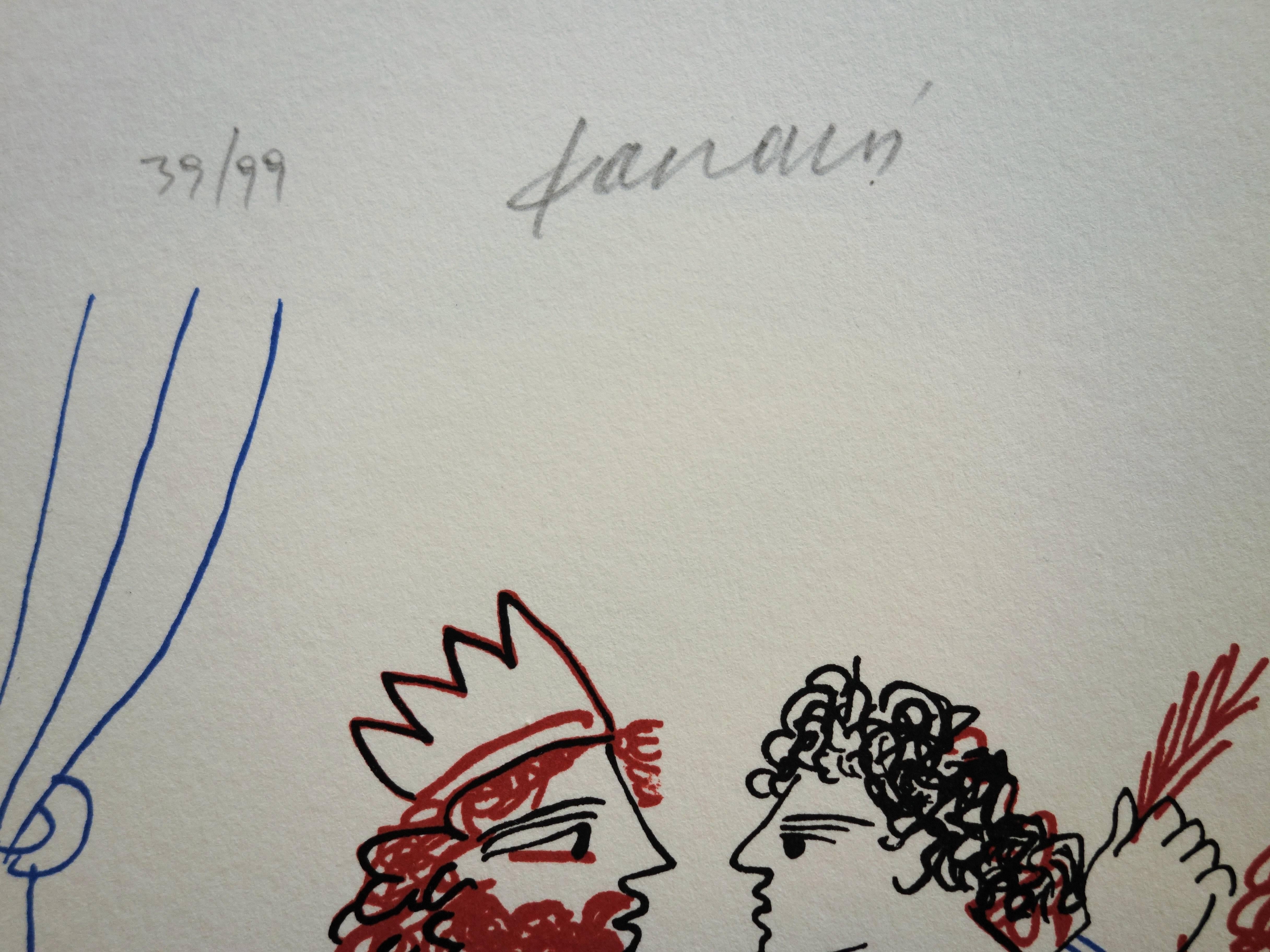 Mitología : Rey y pareja griega - Litografía original firmada a mano /99ex - Print de Alekos Fassianos