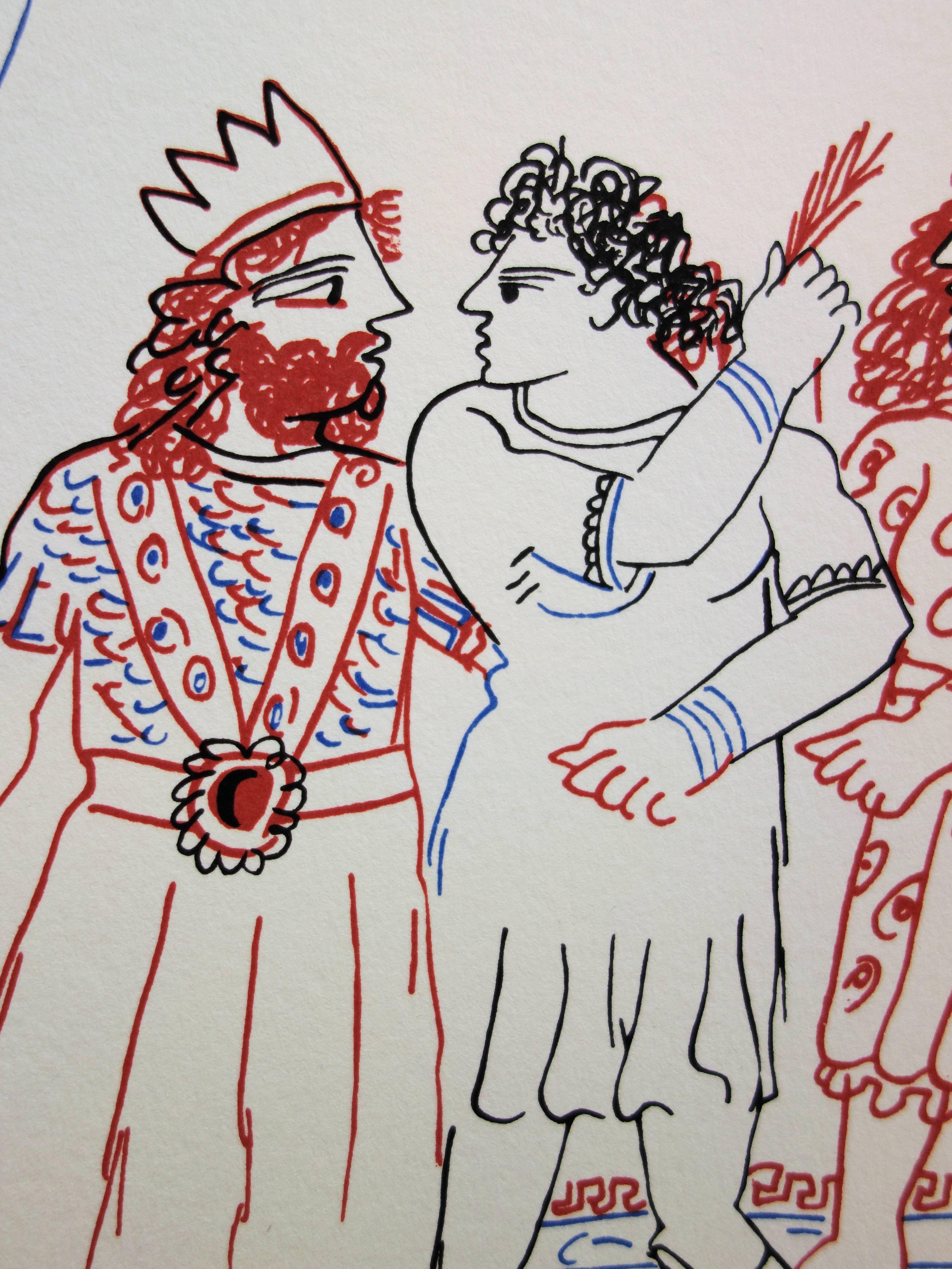 Mitología : Rey y pareja griega - Litografía original firmada a mano /99ex - Print Moderno de Alekos Fassianos
