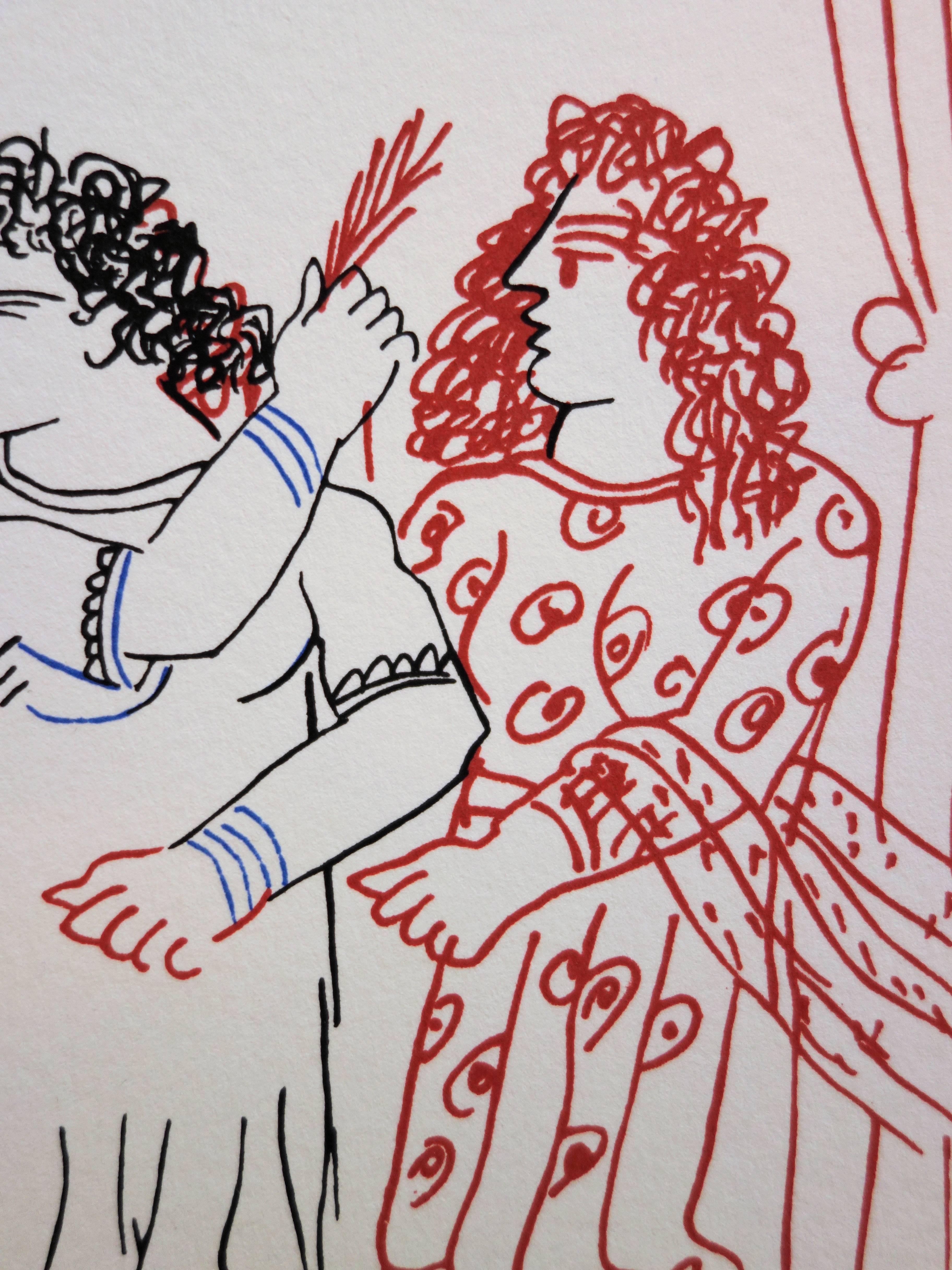 Mitología : Rey y pareja griega - Litografía original firmada a mano /99ex - Figurative Print Gris de Alekos Fassianos