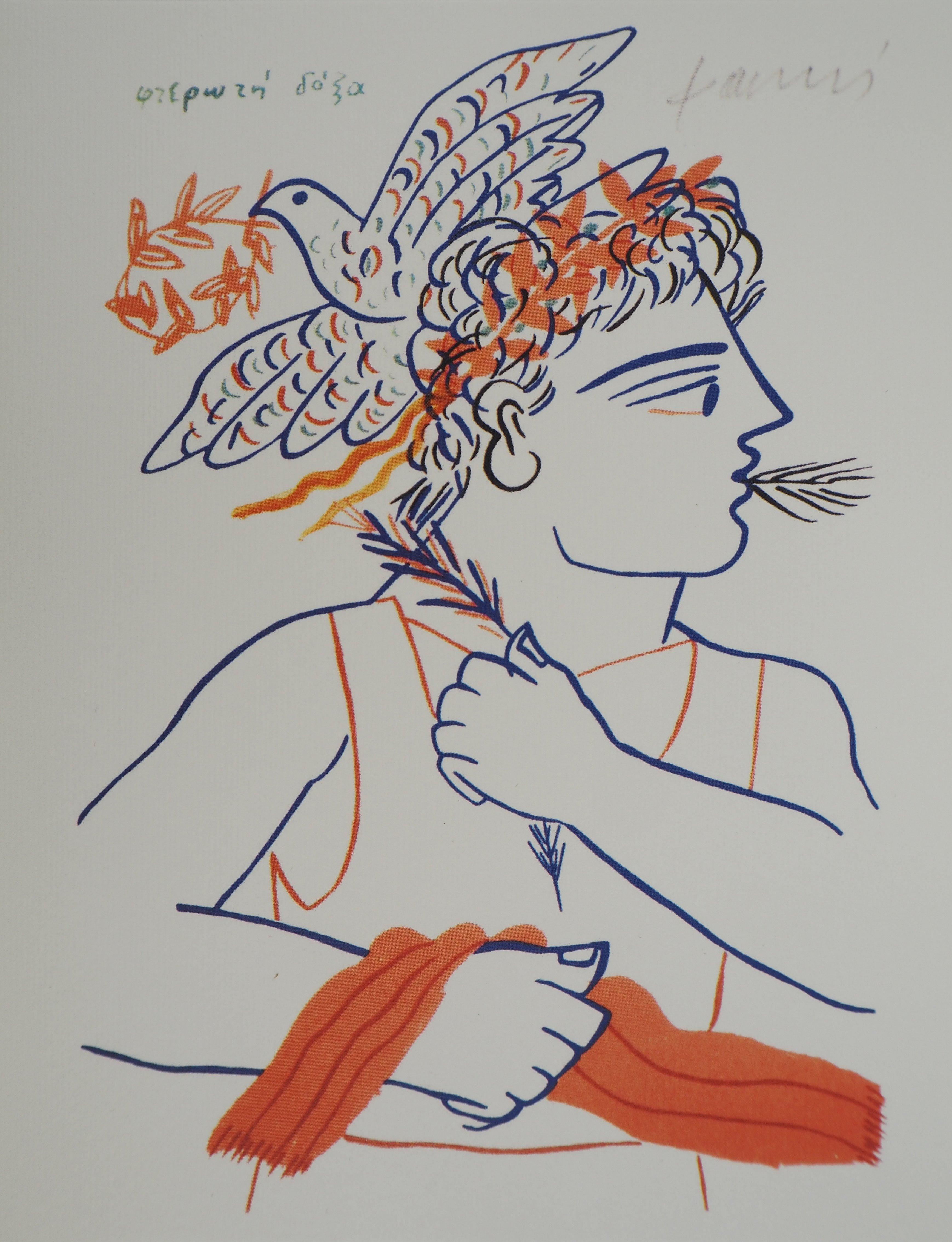 Portrait Print Alekos Fassianos - Le Champion avec la colombe de la paix - Impression offset - Signature imprimée, 2004