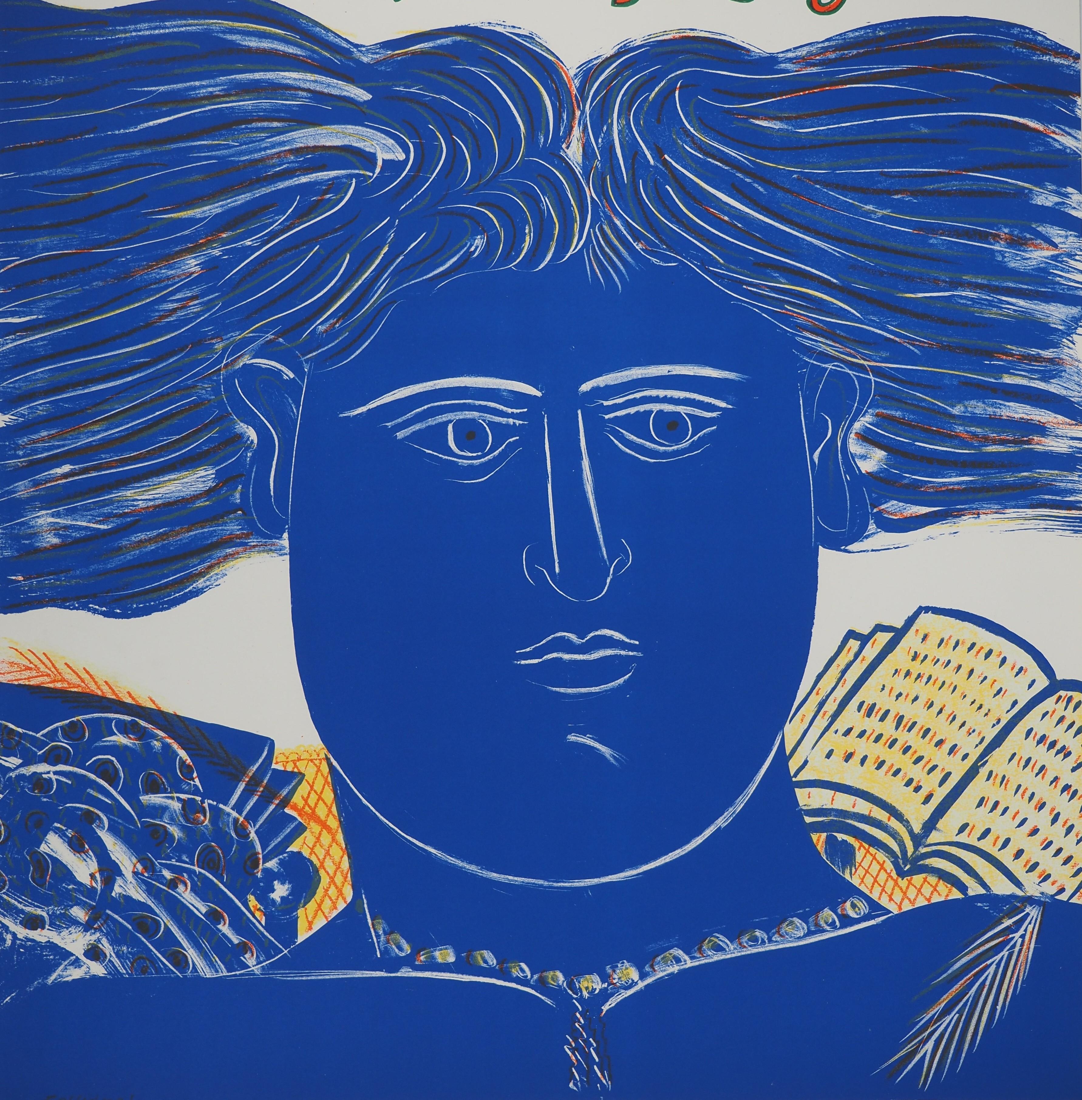 Il poeta ispirato in blu - Litografia originale - Firma stampata (Raro, 1983) - Print Moderno di Alekos Fassianos