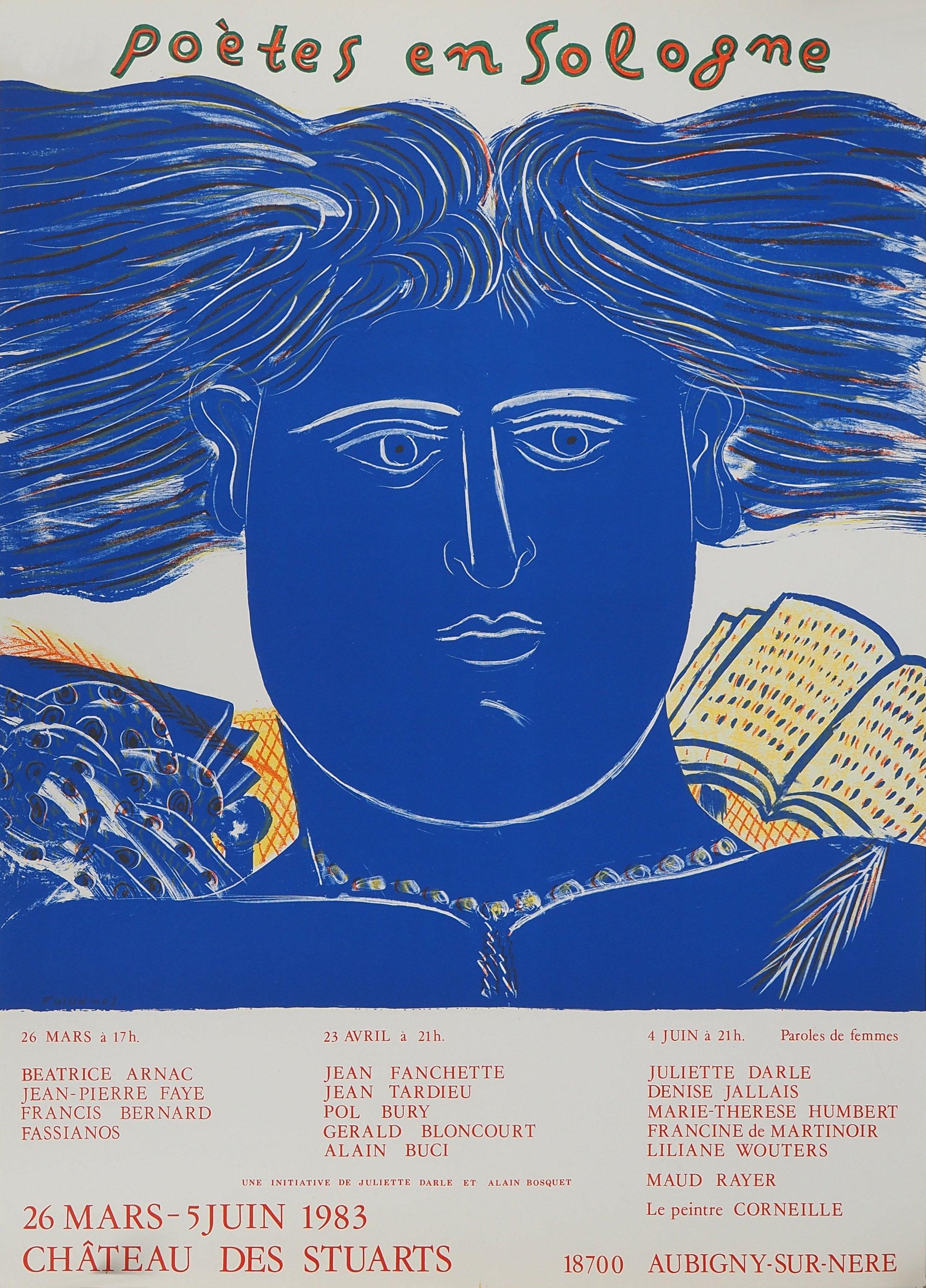 Portrait Print di Alekos Fassianos - Il poeta ispirato in blu - Litografia originale - Firma stampata (Raro, 1983)