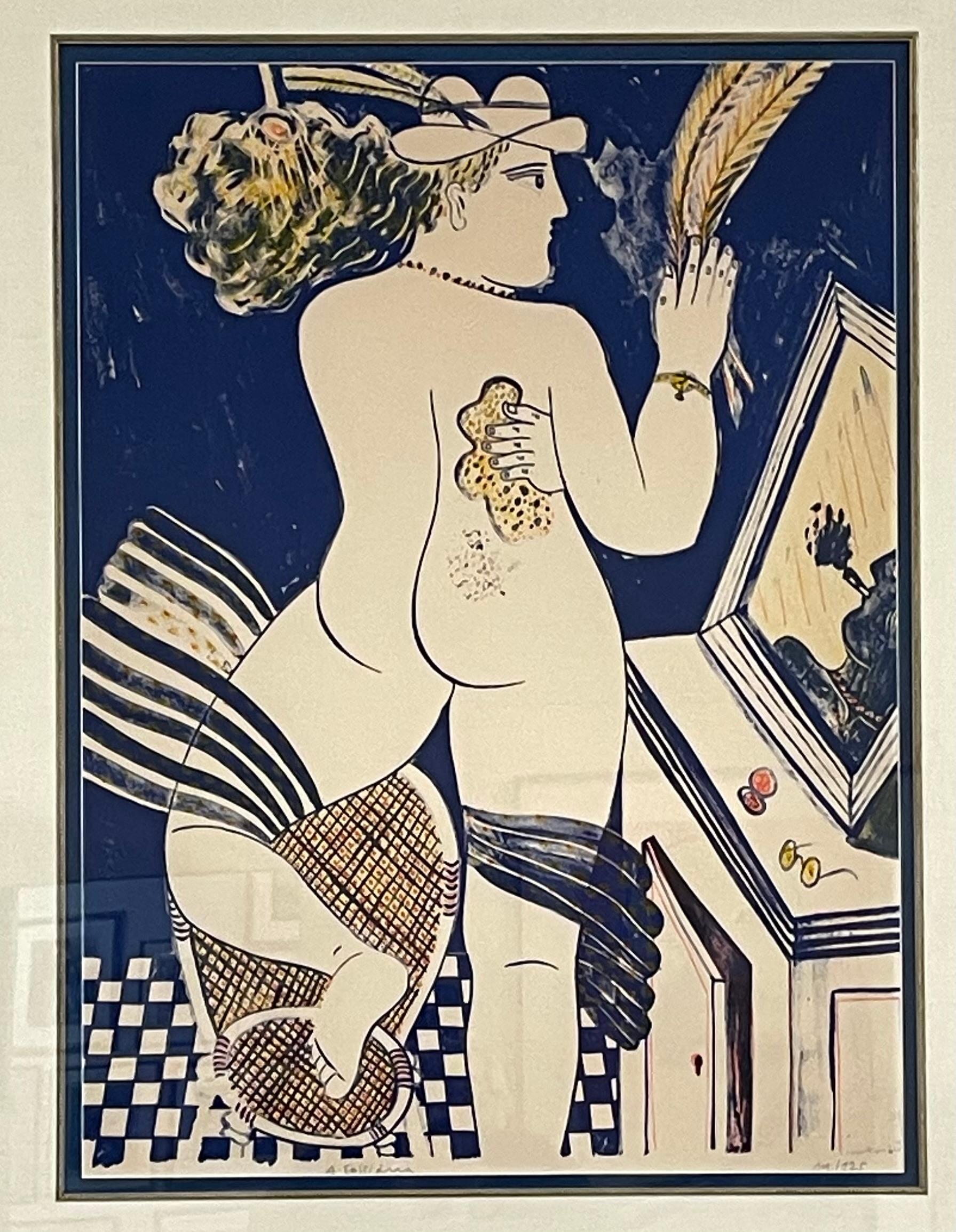 Alekos Fassianos Figurative Print - UNTITLED (NUDE AT HER DRESSING TABLE