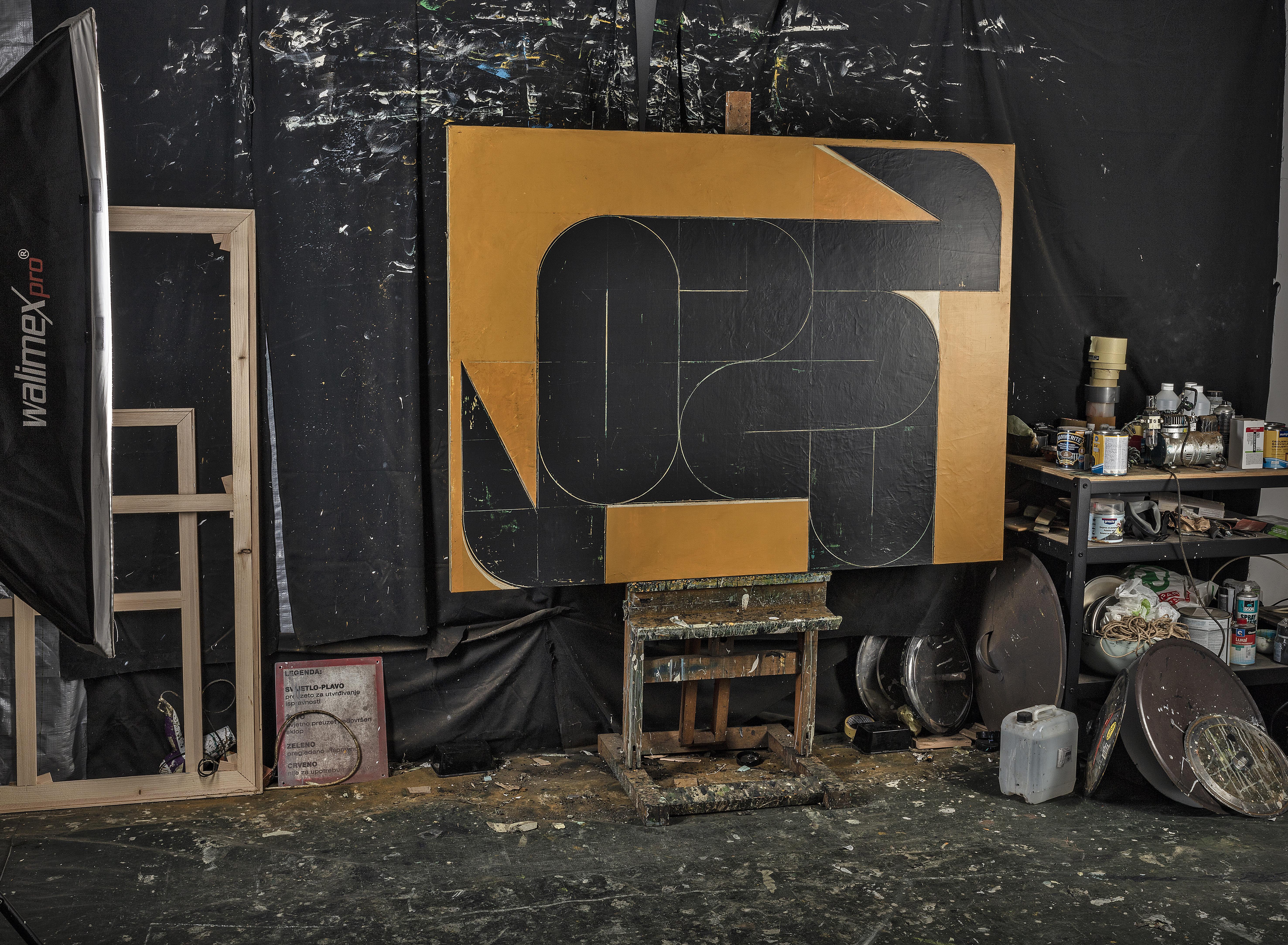 Aleksandar Bezinovic Contemporary Geometric Abstraction Black and Ochre Large For Sale 4