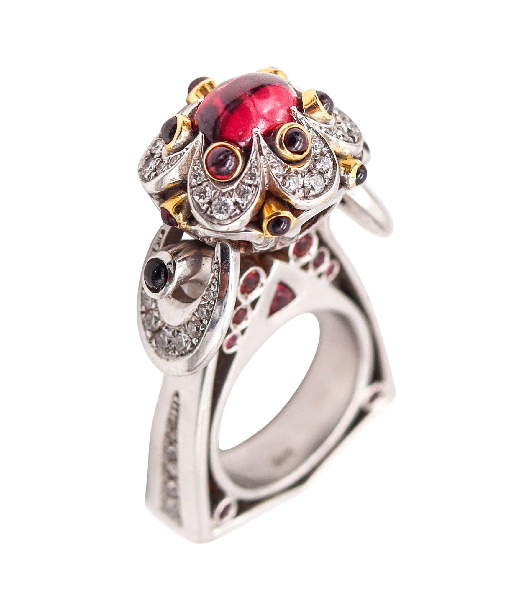 Modernist ALEKSANDER CHULYAKOV Geometric Cocktail Ring In 18Kt Gold Diamonds & Tourmalines For Sale
