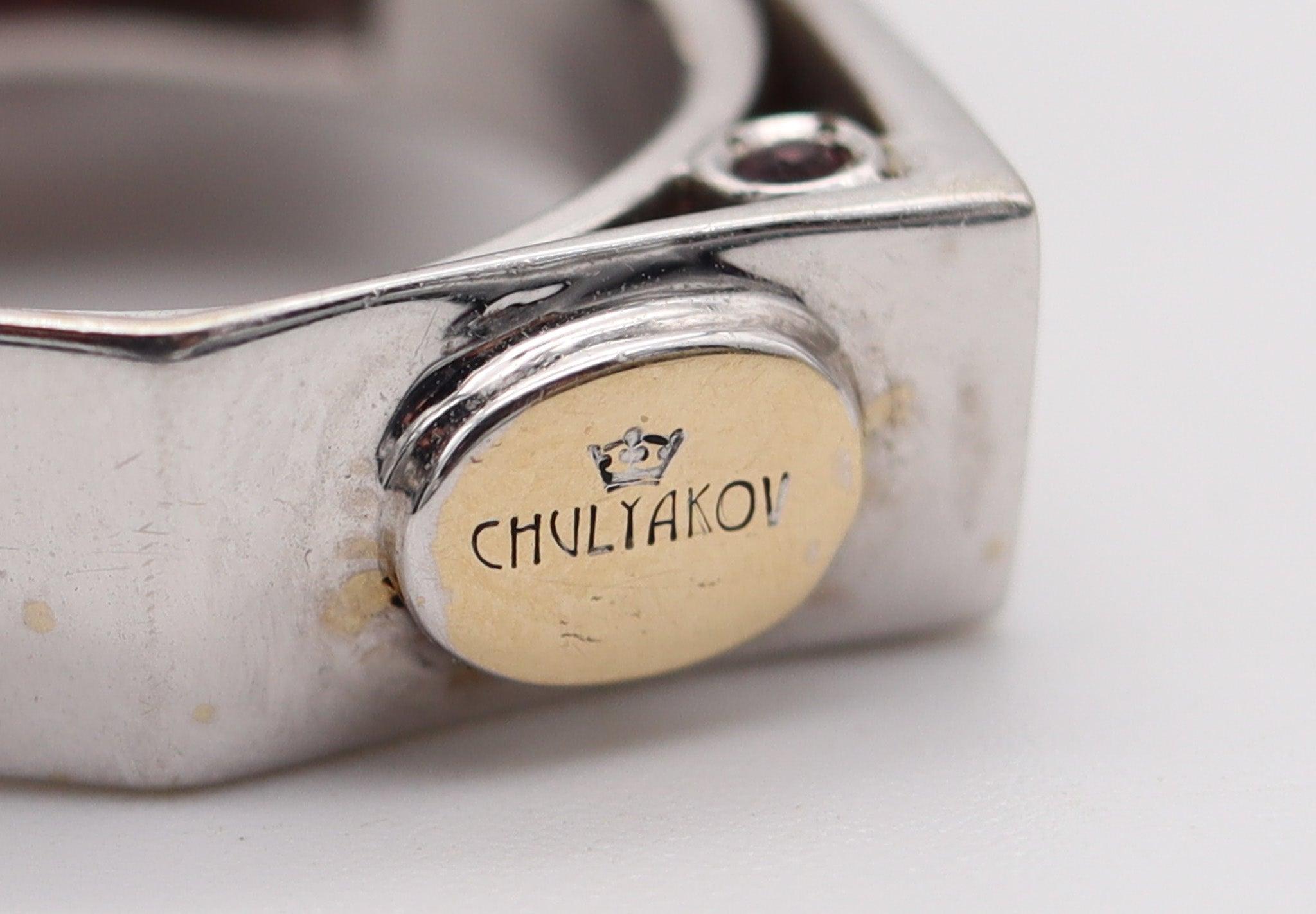 ALEKSANDER CHULYAKOV Geometric Cocktail Ring In 18Kt Gold Diamonds & Tourmalines In Excellent Condition For Sale In Miami, FL