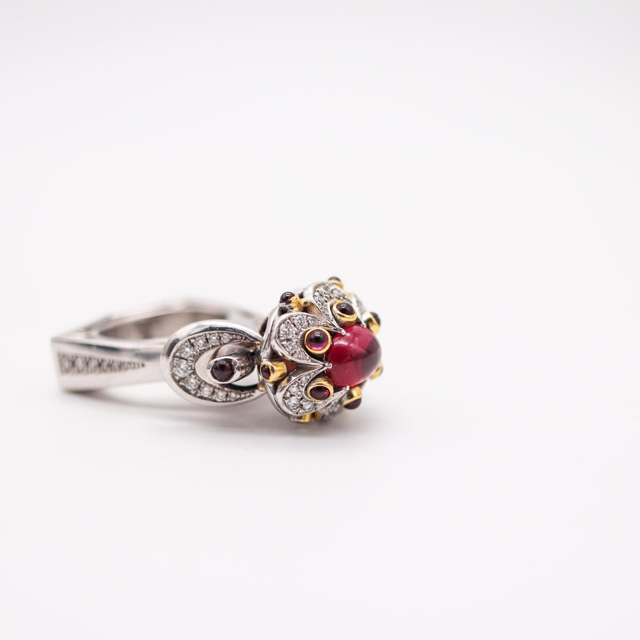 Women's ALEKSANDER CHULYAKOV Geometric Cocktail Ring In 18Kt Gold Diamonds & Tourmalines For Sale