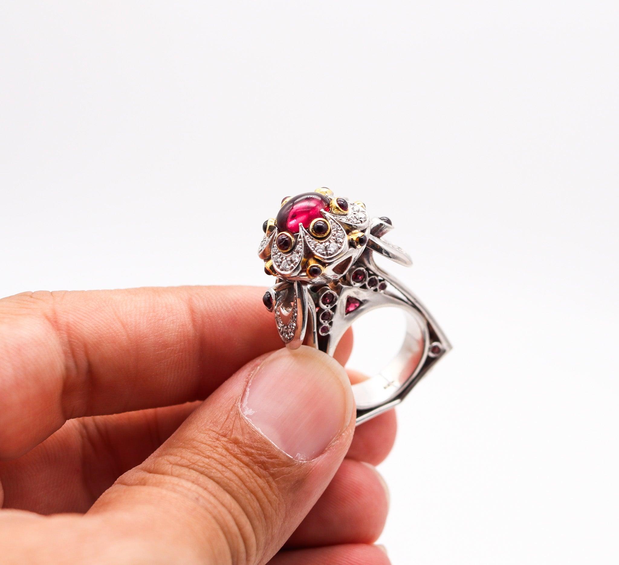 ALEKSANDER CHULYAKOV Geometric Cocktail Ring In 18Kt Gold Diamonds & Tourmalines For Sale 3