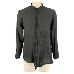 ALEKSANDR MANAMIS Size XL Black Solid Linen Asymmetrical Long Sleeve Shirt