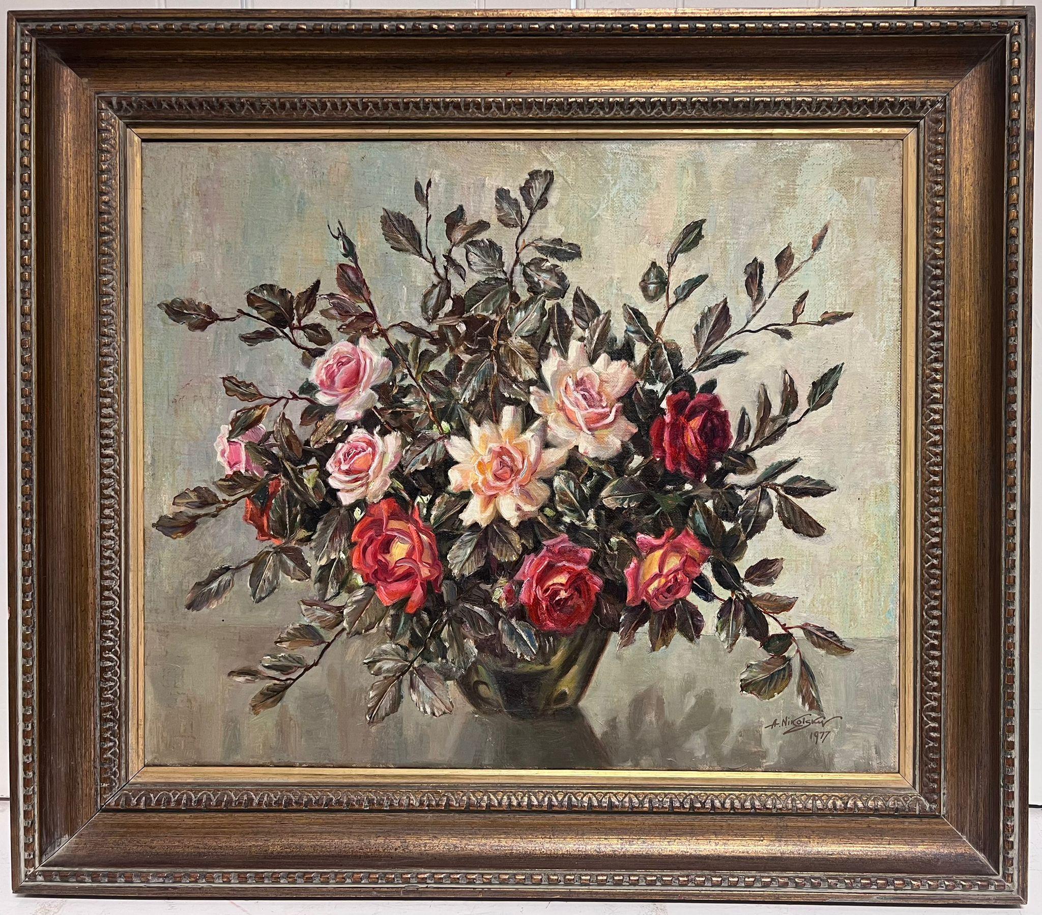 Very Large 1970's Russian Oil Painting Still Life of Abundant Flowers - Brown Still-Life Painting by Aleksandr Nikolsky
