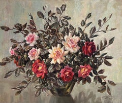 Very Large 1970's Russian Oil Painting Still Life of Abundant Flowers