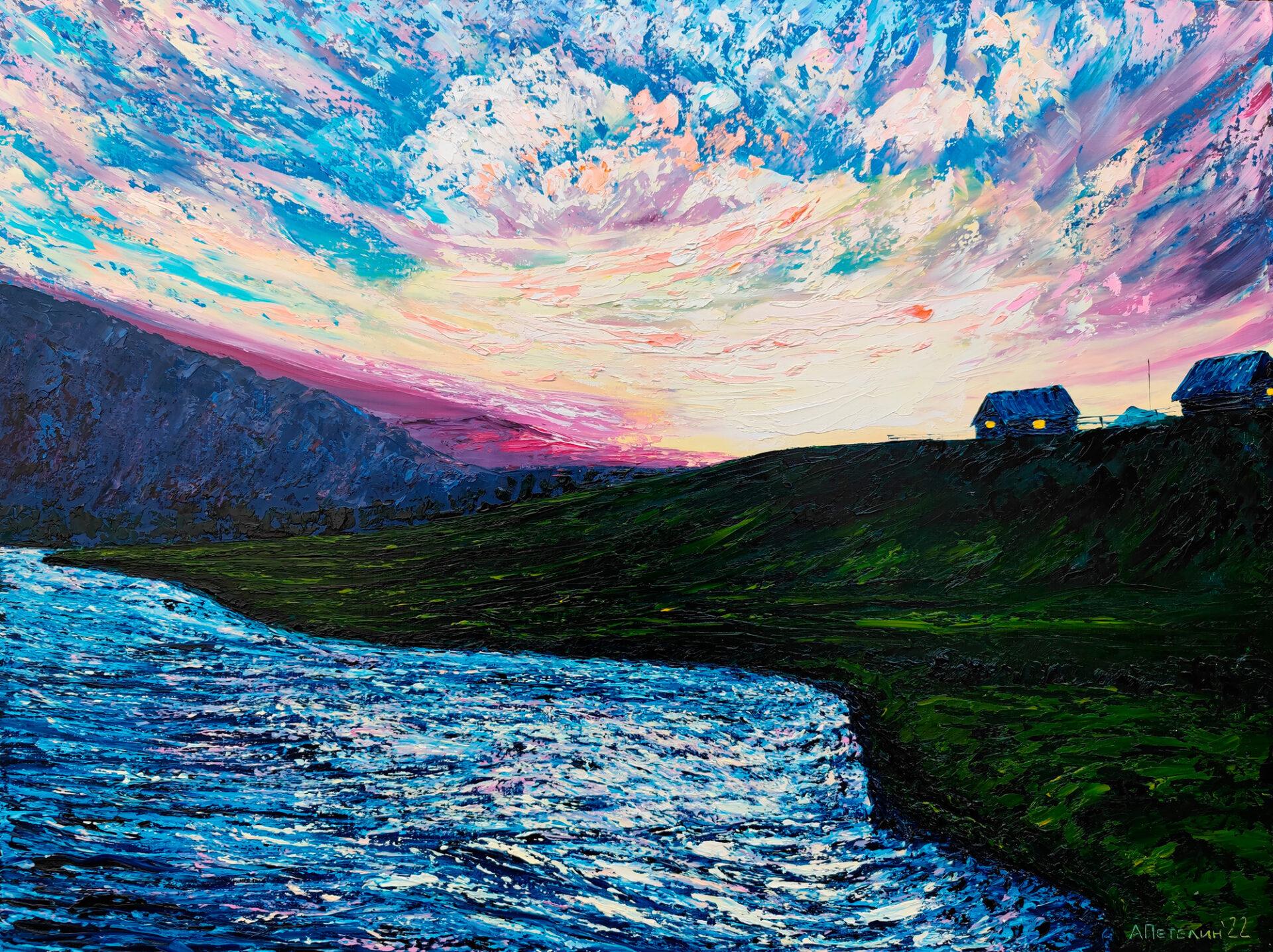 Aleksandr Petelin Landscape Painting - Sunset on the Ursul River.