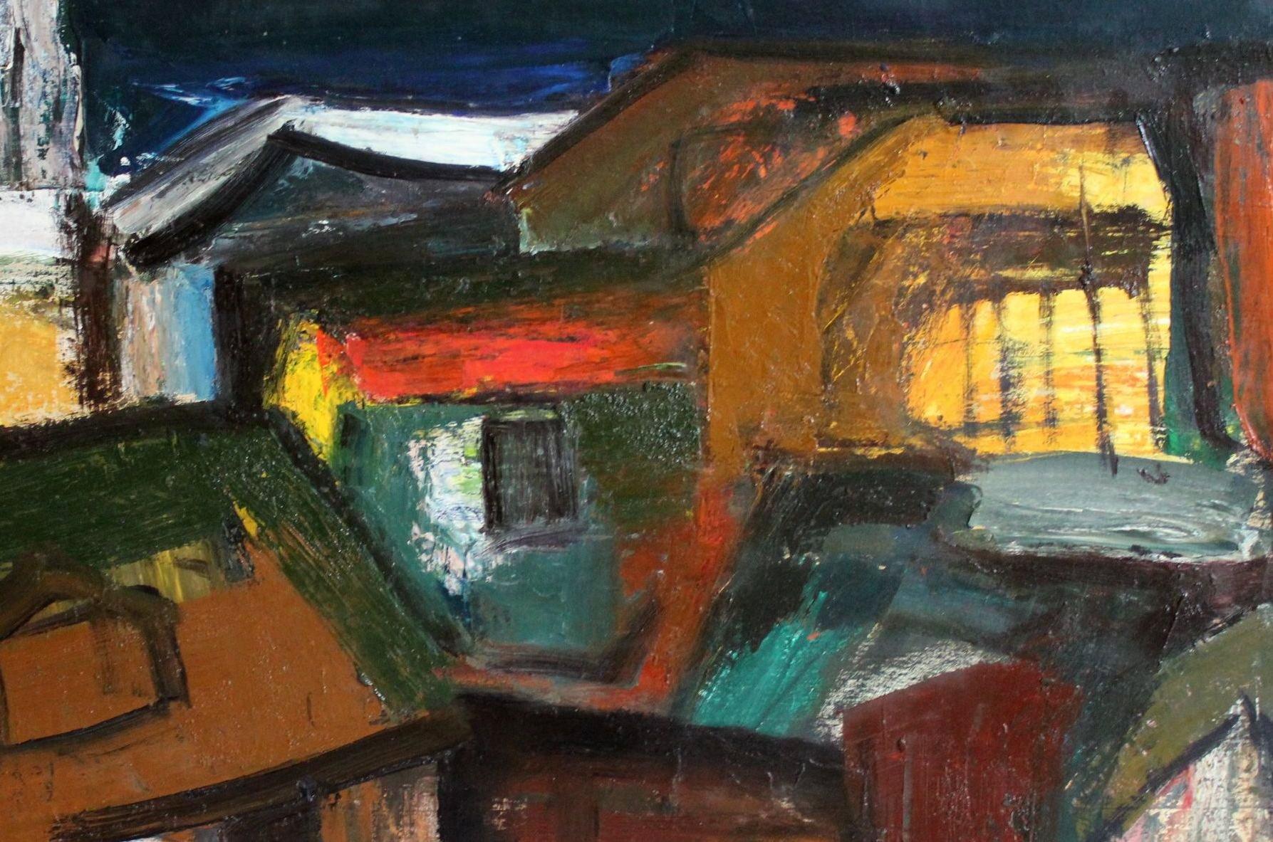 City  Cardboard/oil, 80x100 cm - Abstract Expressionist Painting by Aleksandr Rodin (1922-2001)