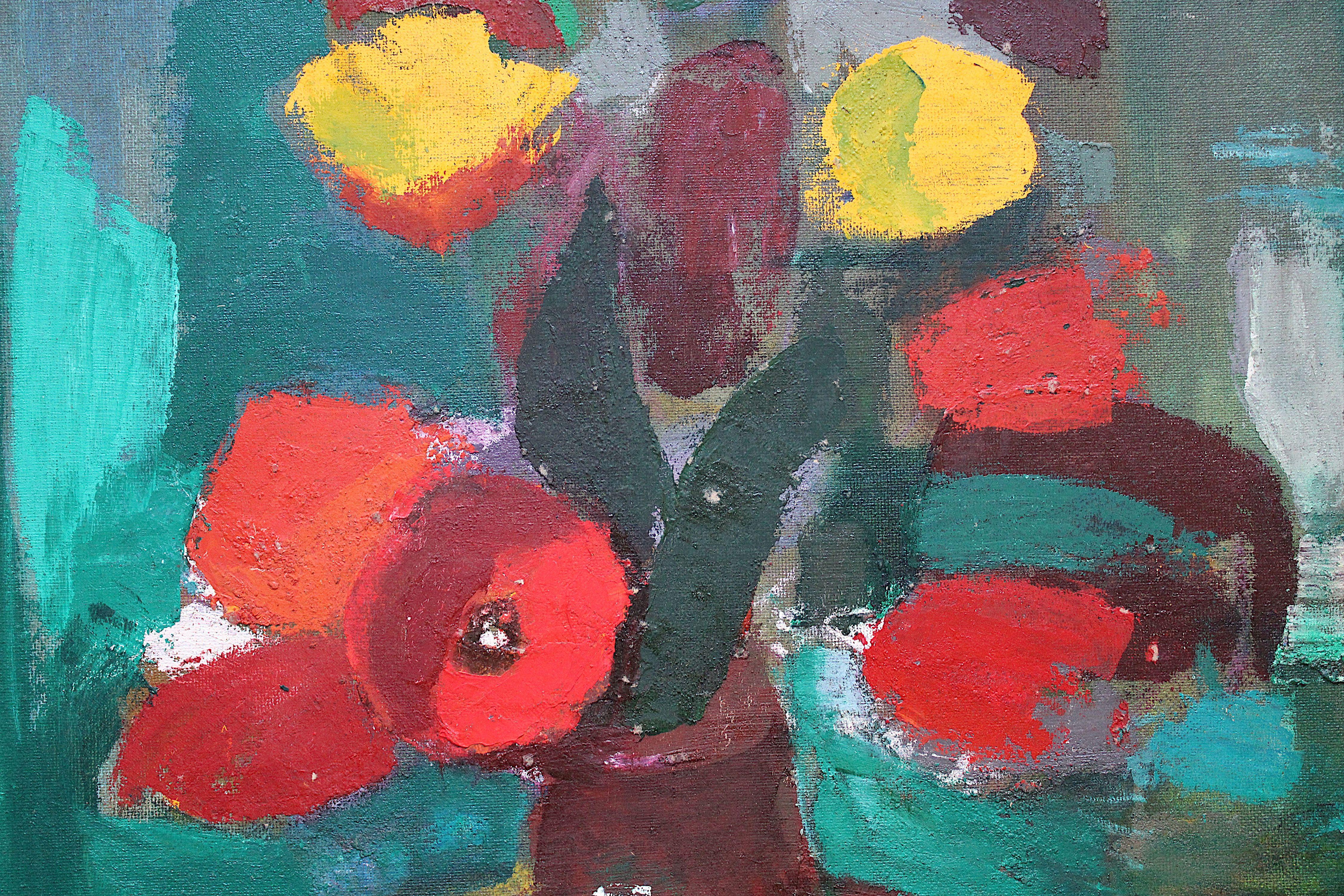 Komposition mit Blumen #3. Öl auf Tafel, 85 x 74,5 cm (Abstrakter Expressionismus), Painting, von Aleksandr Rodin (1922-2001)