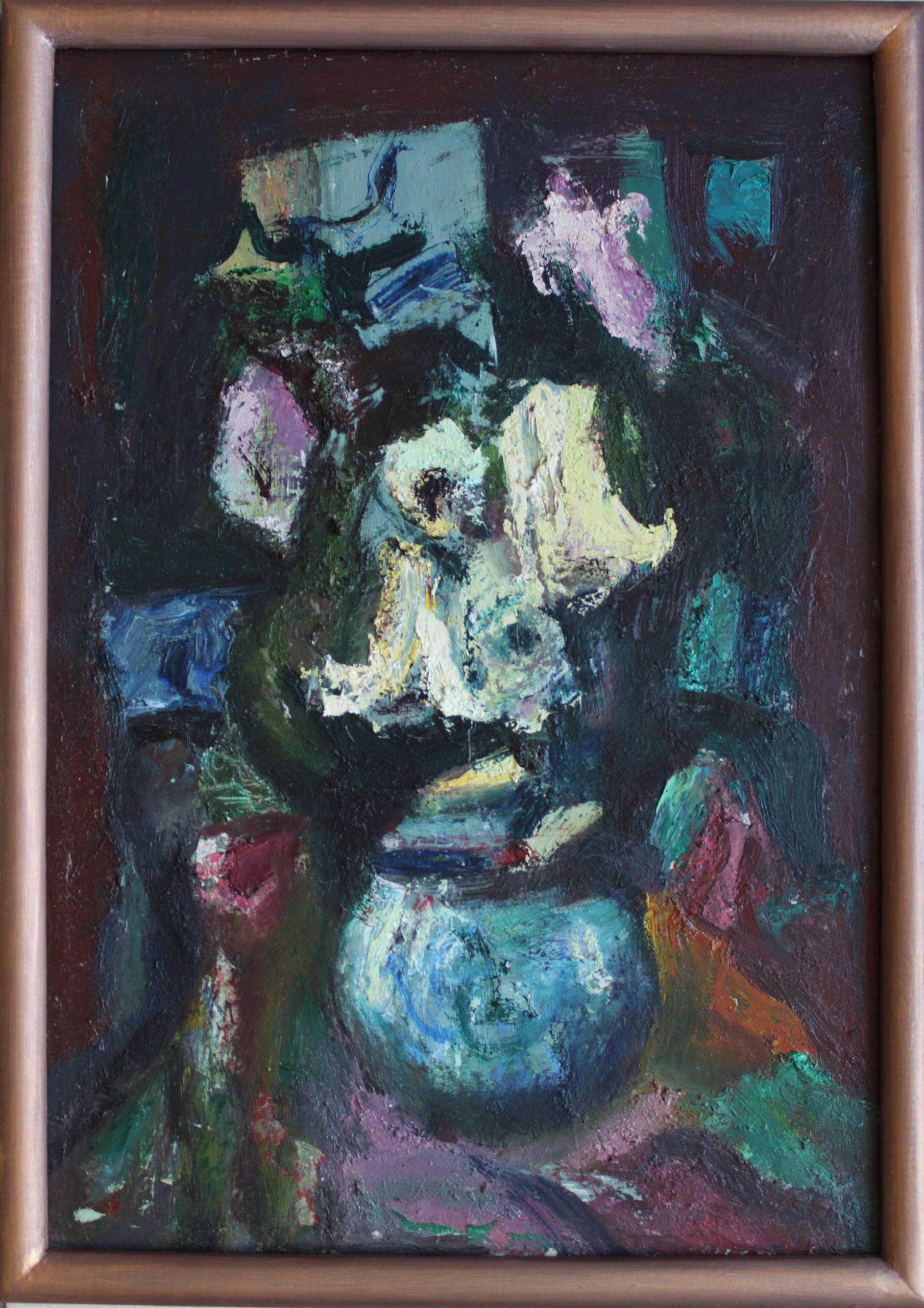 Flores, cartón/óleo, 59x41 cm, 1993 - Painting de Aleksandr Rodin (1922-2001)