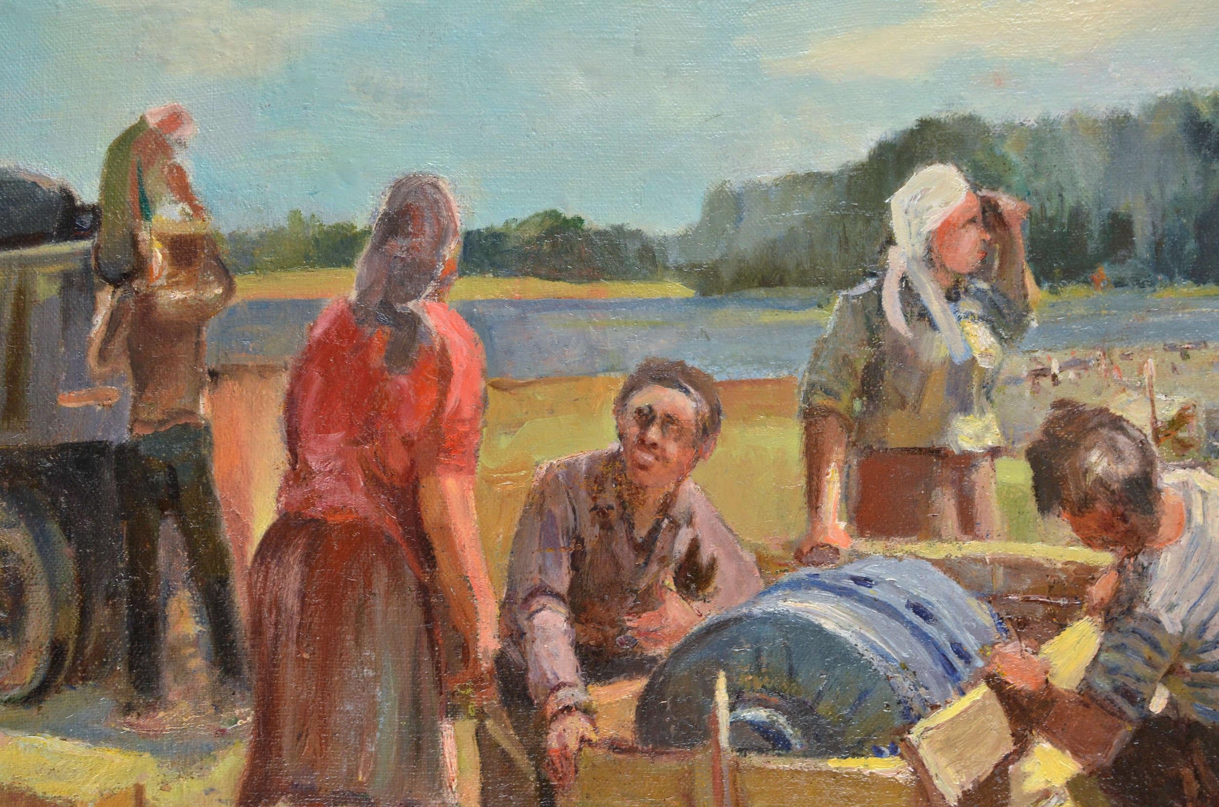 In der Konstruktion, Öl auf Karton, 58x88 cm im Angebot 1