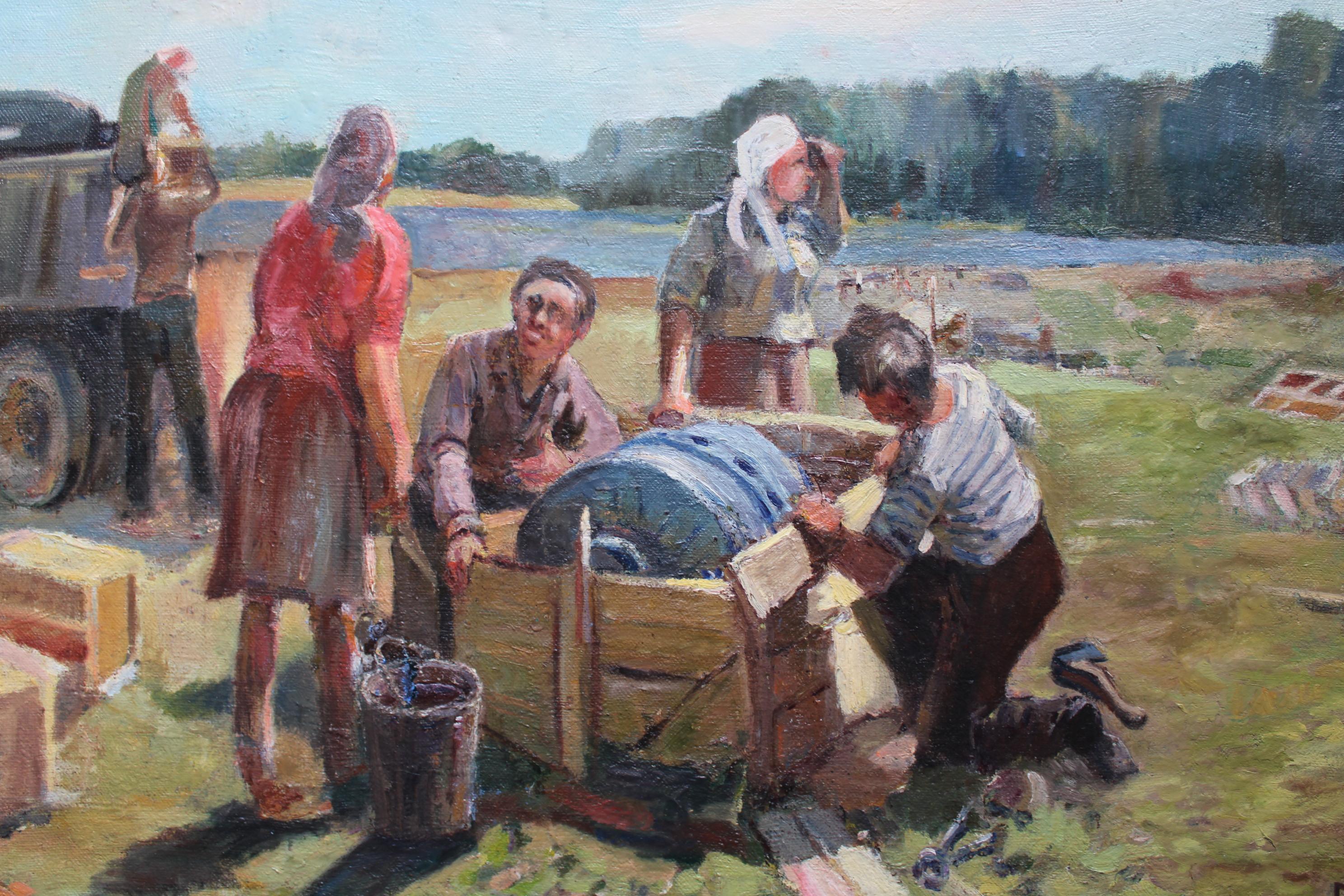 In the constructing. oil on cardboard, 58x88 cm - Abstract Expressionist Painting by Aleksandr Rodin (1922-2001)