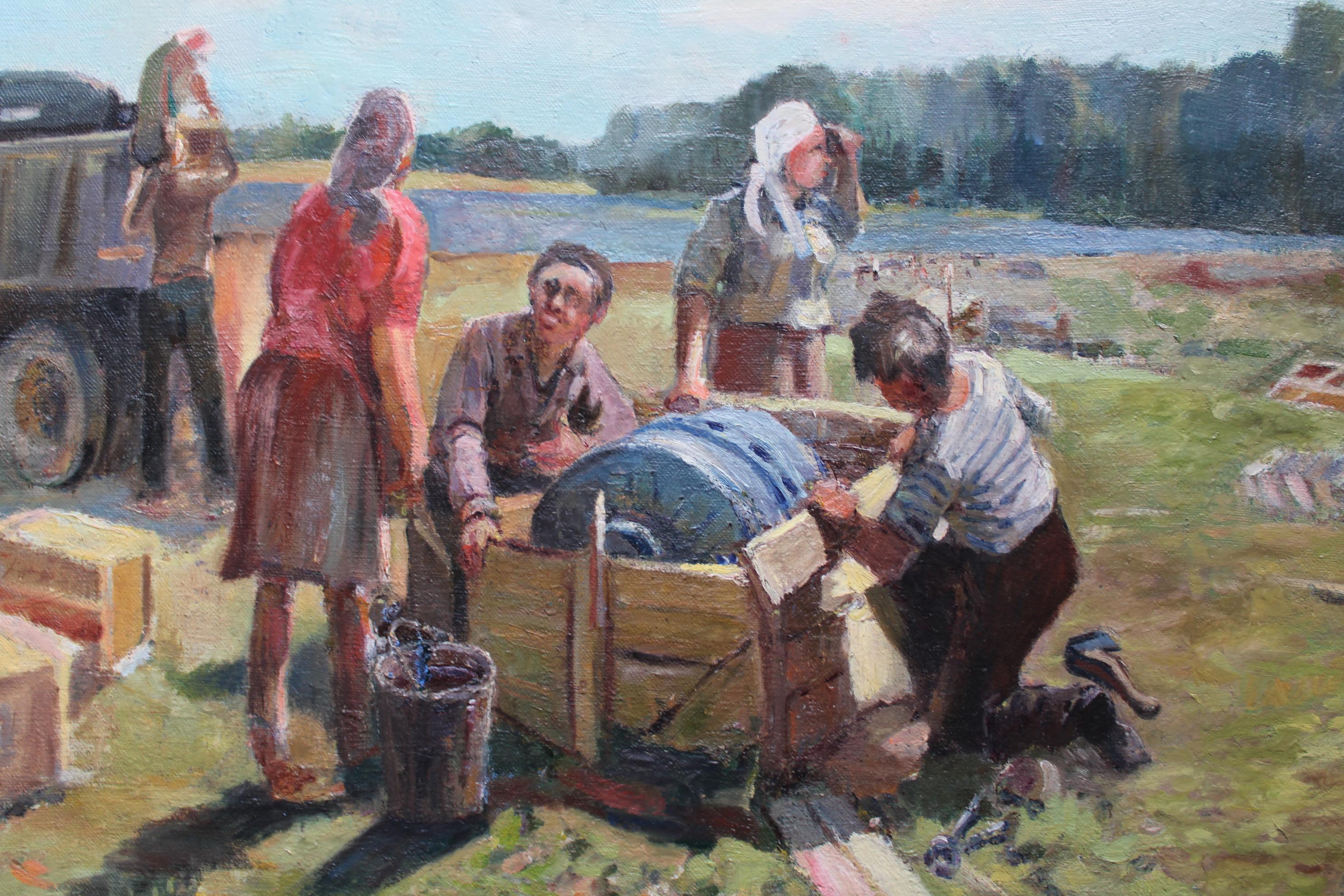 In the constructing. oil on cardboard, 58x88 cm - Brown Abstract Painting by Aleksandr Rodin (1922-2001)