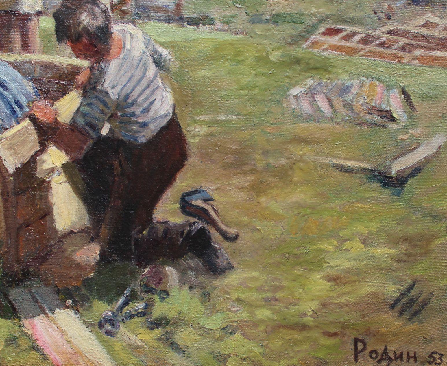 In the constructing. oil on cardboard, 58x88 cm For Sale 1