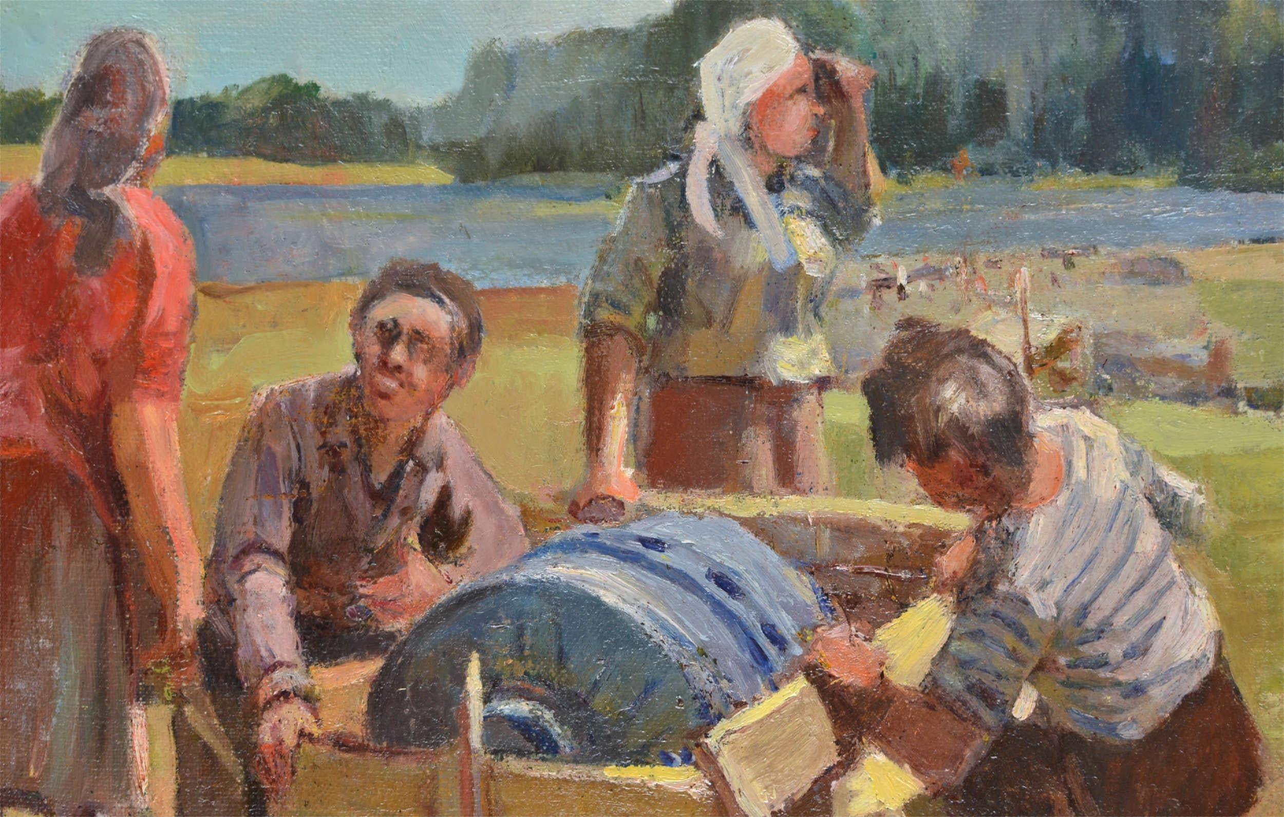 In der Konstruktion, Öl auf Karton, 58x88 cm – Painting von Aleksandr Rodin (1922-2001)