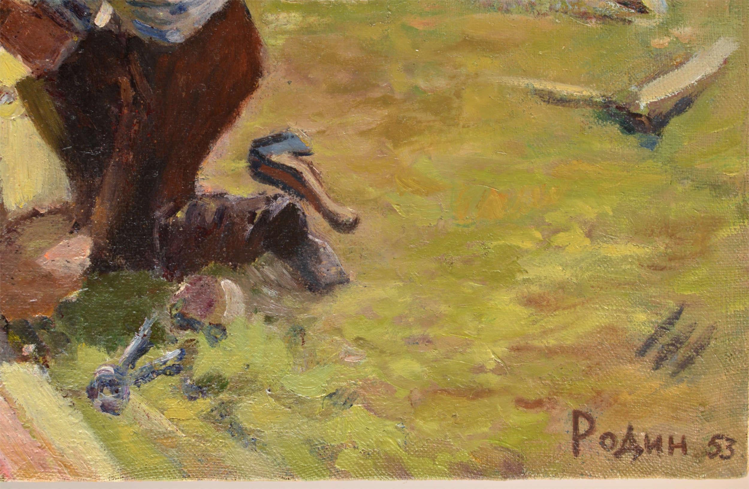 In der Konstruktion, Öl auf Karton, 58x88 cm (Abstrakter Expressionismus), Painting, von Aleksandr Rodin (1922-2001)