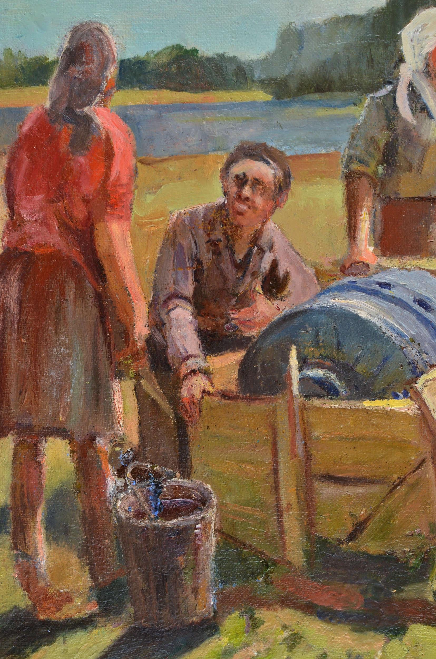 In der Konstruktion, Öl auf Karton, 58x88 cm (Braun), Abstract Painting, von Aleksandr Rodin (1922-2001)